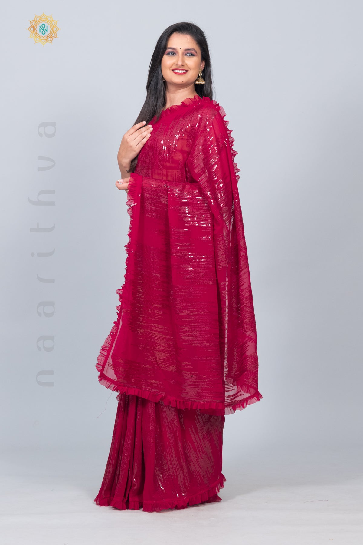 MAROON - DESIGNER GEORGETTE WITH SEQUINS WORK & PLEATED BORDER