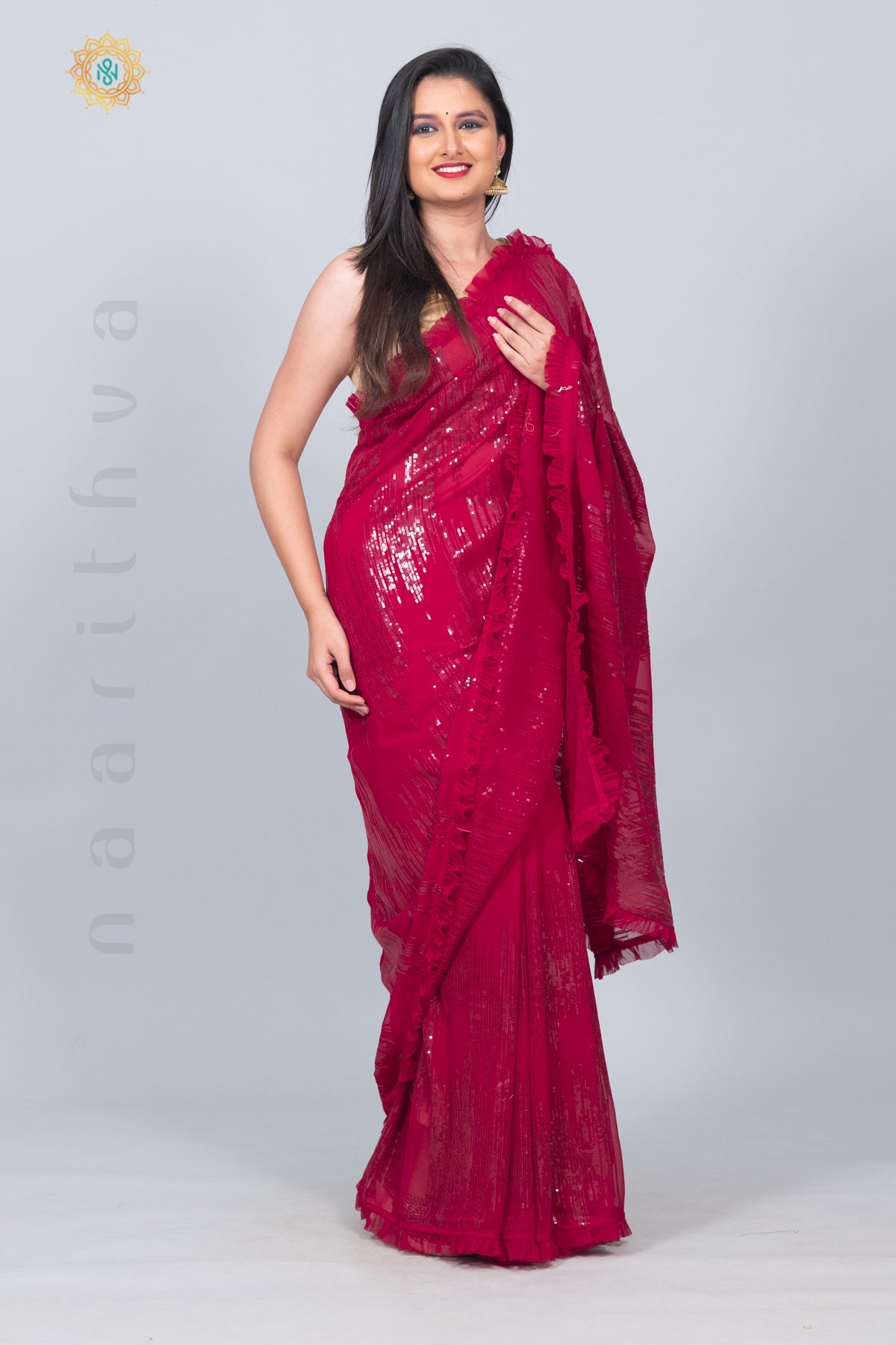 MAROON - DESIGNER GEORGETTE WITH SEQUINS WORK & PLEATED BORDER