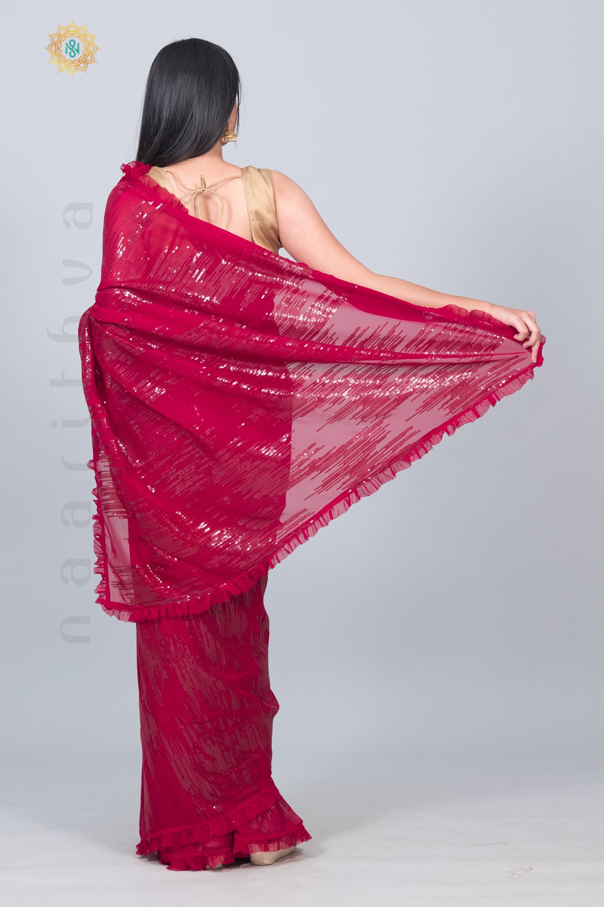 MAROON - DESIGNER GEORGETTE WITH SEQUINS WORK & PLEATED BORDER