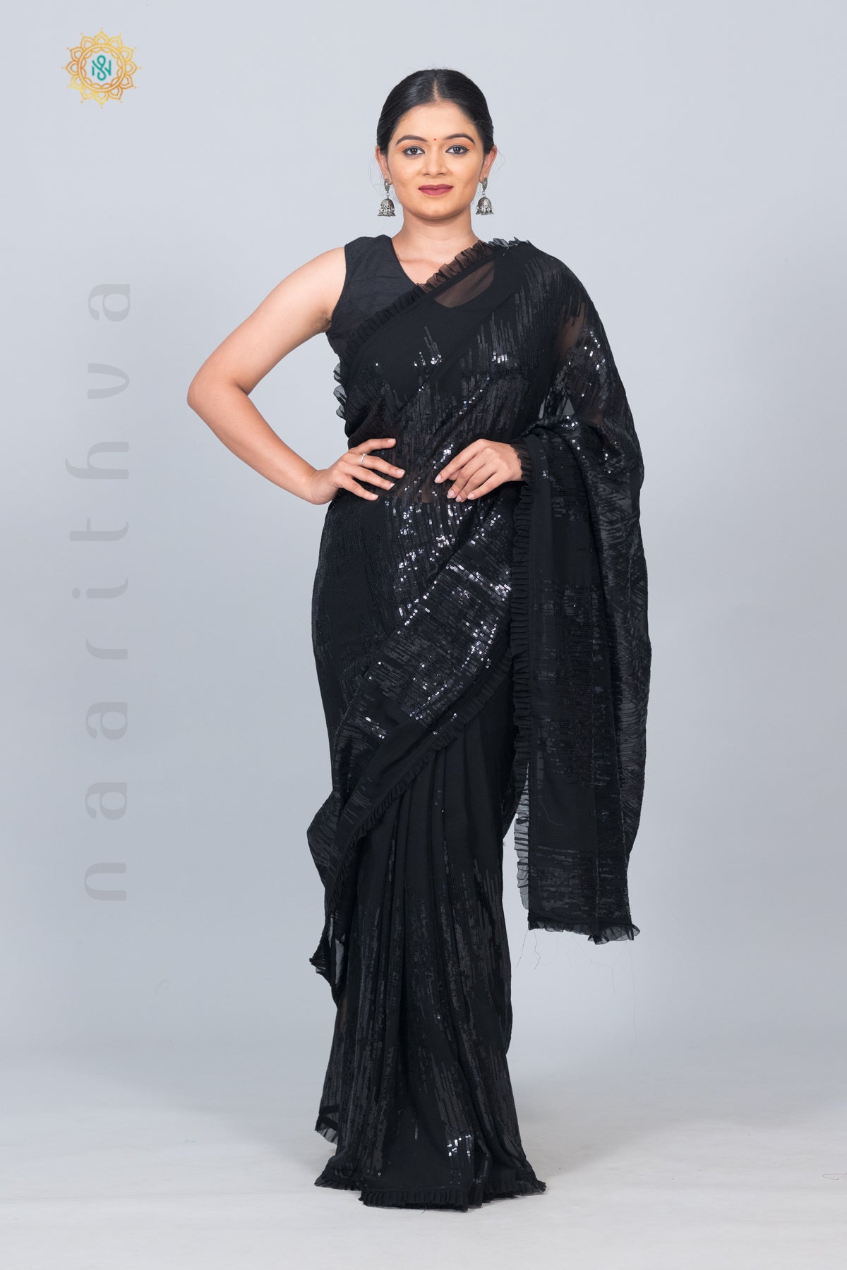 BLACK - DESIGNER GEORGETTE WITH SEQUINS WORK & PLEATED BORDER