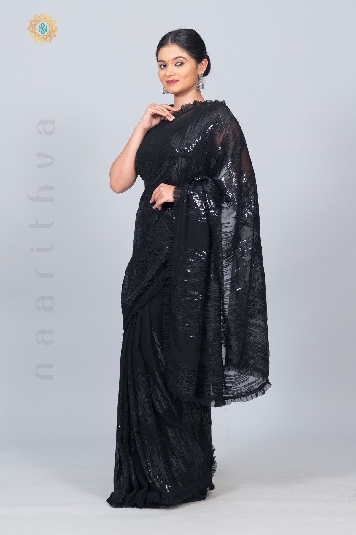 BLACK - DESIGNER GEORGETTE WITH SEQUINS WORK & PLEATED BORDER