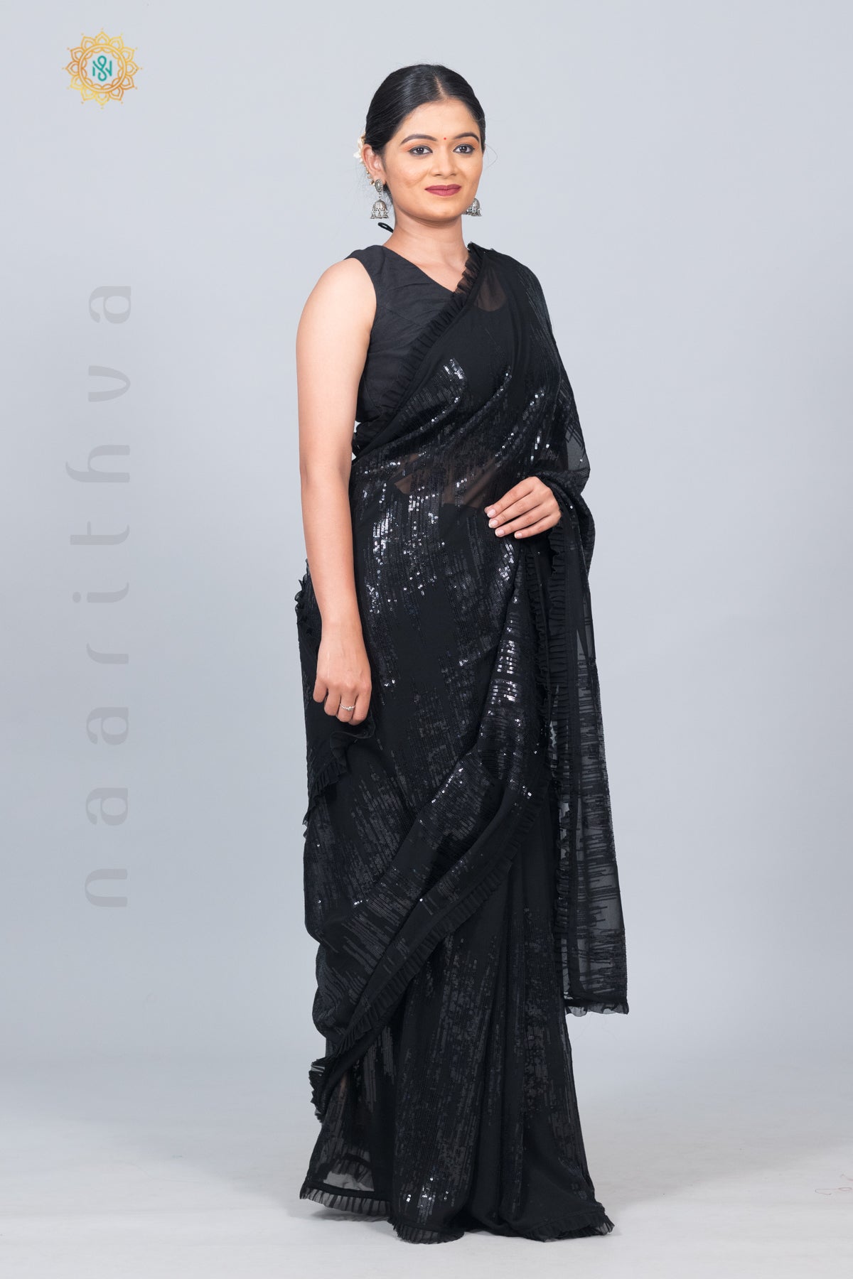 BLACK - DESIGNER GEORGETTE WITH SEQUINS WORK & PLEATED BORDER