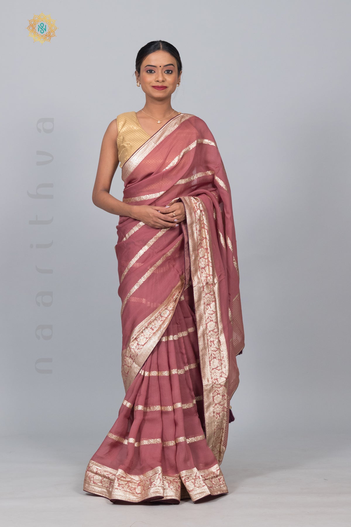 ONION PINK -ORGANZA GEORGETTE WITH WEAVING ZARI LINES & BROCADE BLOUSE
