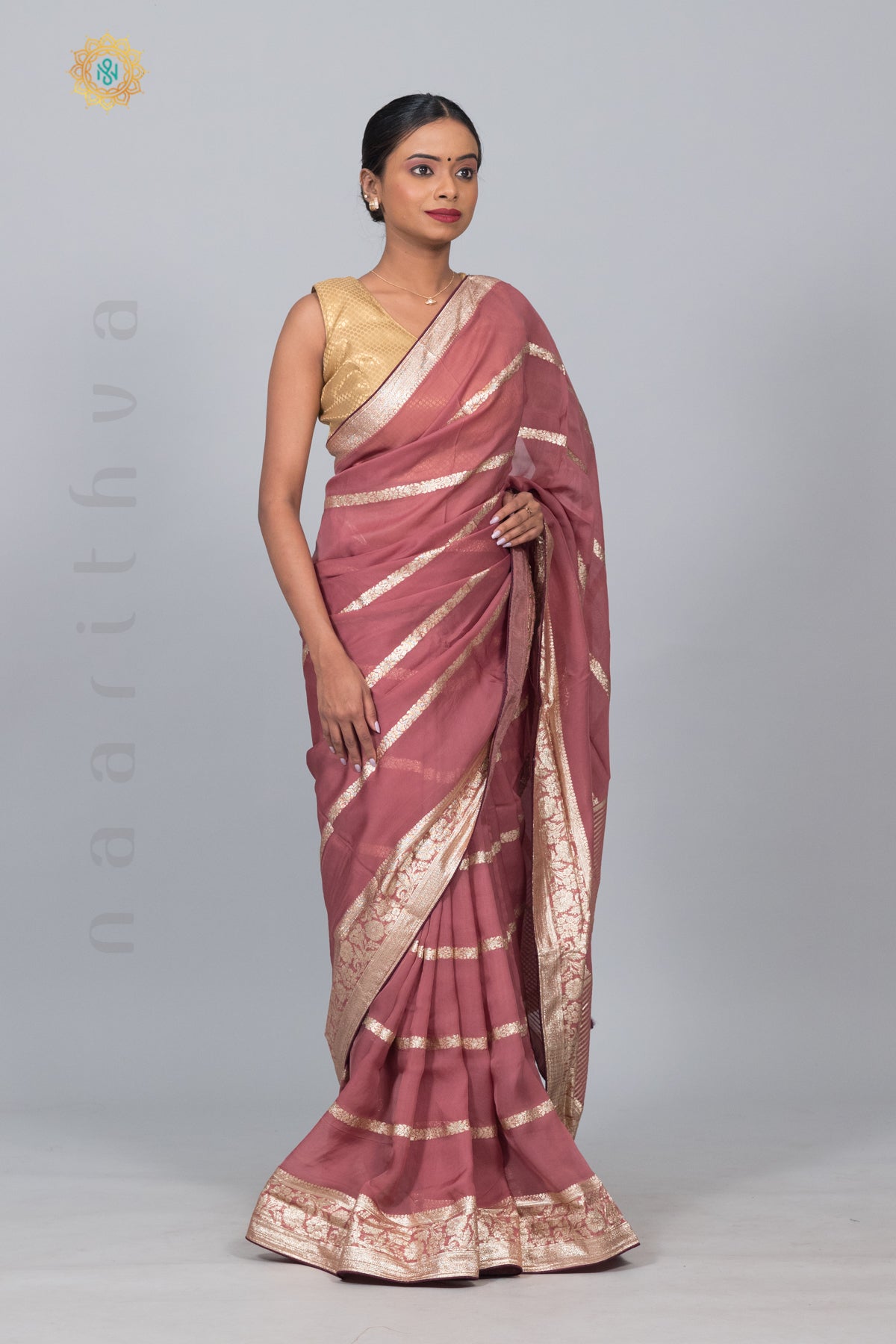 ONION PINK -ORGANZA GEORGETTE WITH WEAVING ZARI LINES & BROCADE BLOUSE