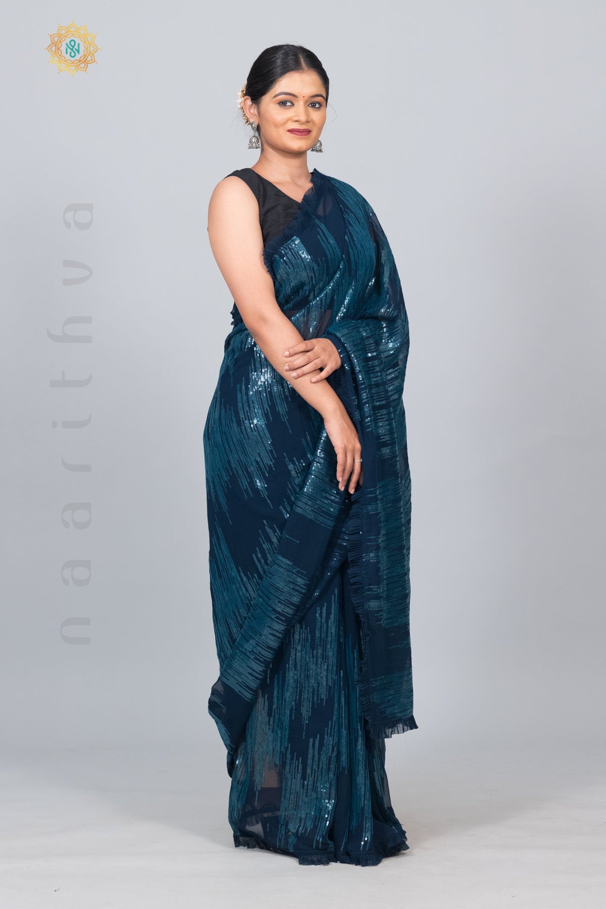 NAVY BLUE - DESIGNER GEORGETTE WITH SEQUINS WORK & PLEATED BORDER