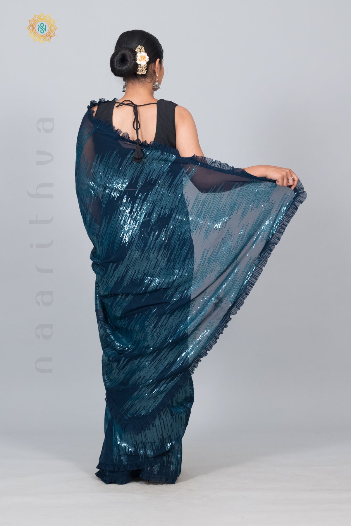 NAVY BLUE - DESIGNER GEORGETTE WITH SEQUINS WORK & PLEATED BORDER