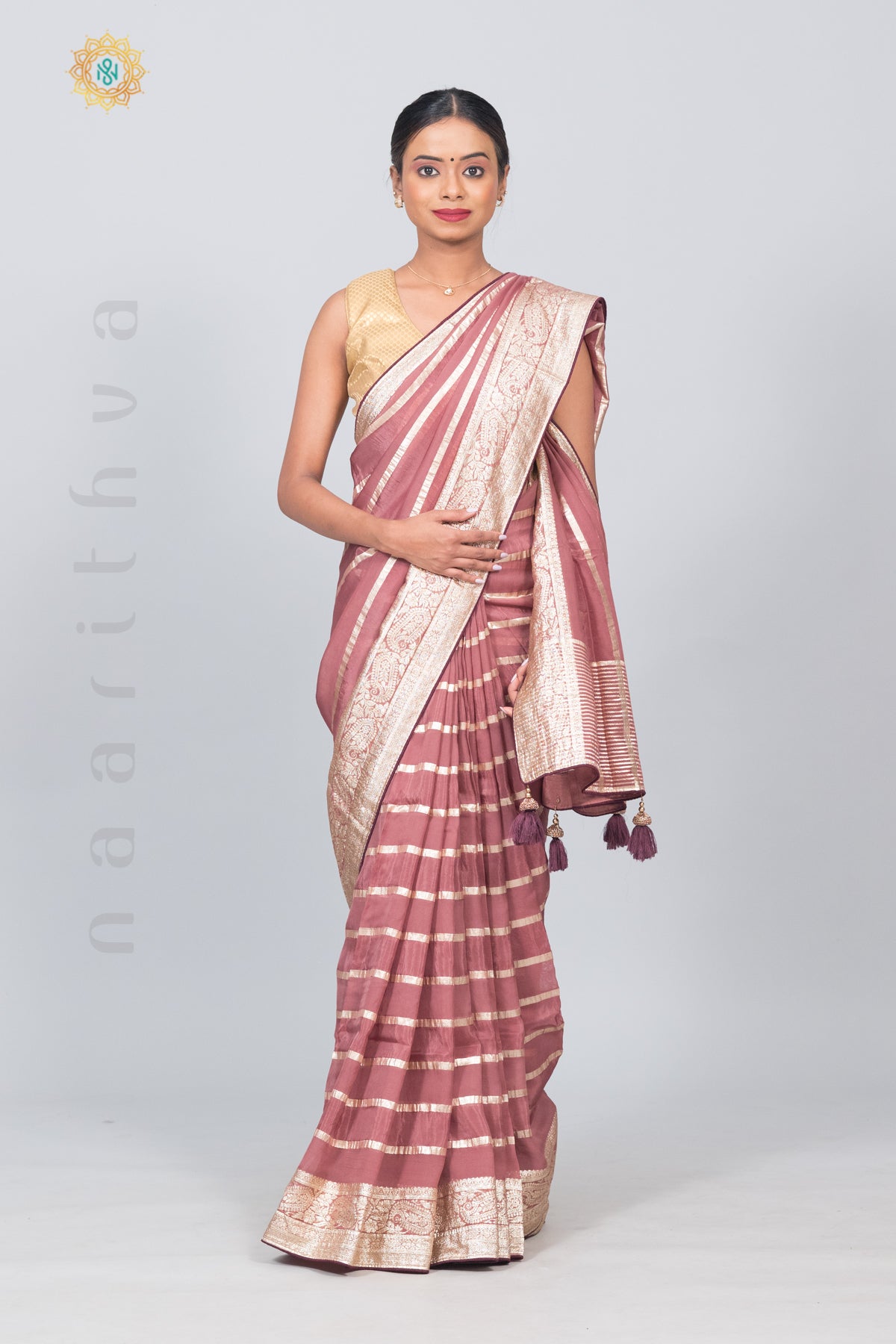 ONION PINK - ORGANZA GEORGETTE WITH WEAVING ZARI LINES & BROCADE BLOUSE