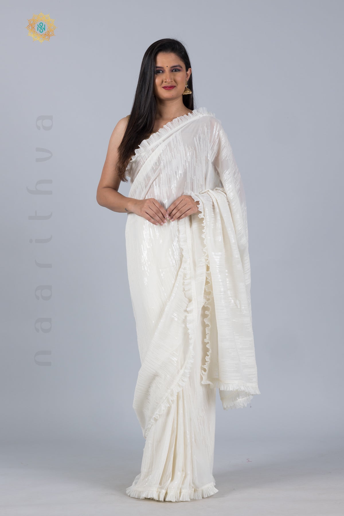 OFF WHITE - DESIGNER GEORGETTE WITH SEQUINS WORK & PLEATED BORDER