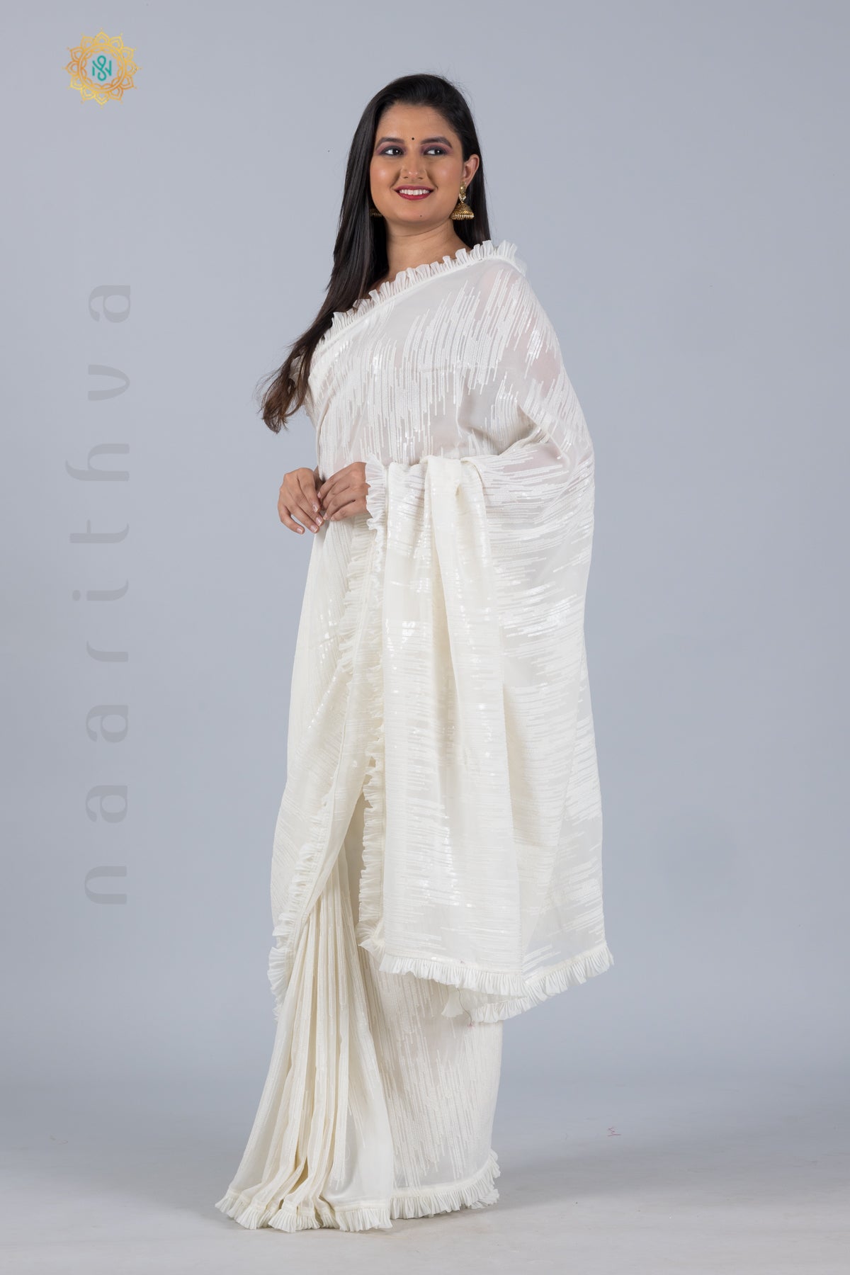 OFF WHITE - DESIGNER GEORGETTE WITH SEQUINS WORK & PLEATED BORDER