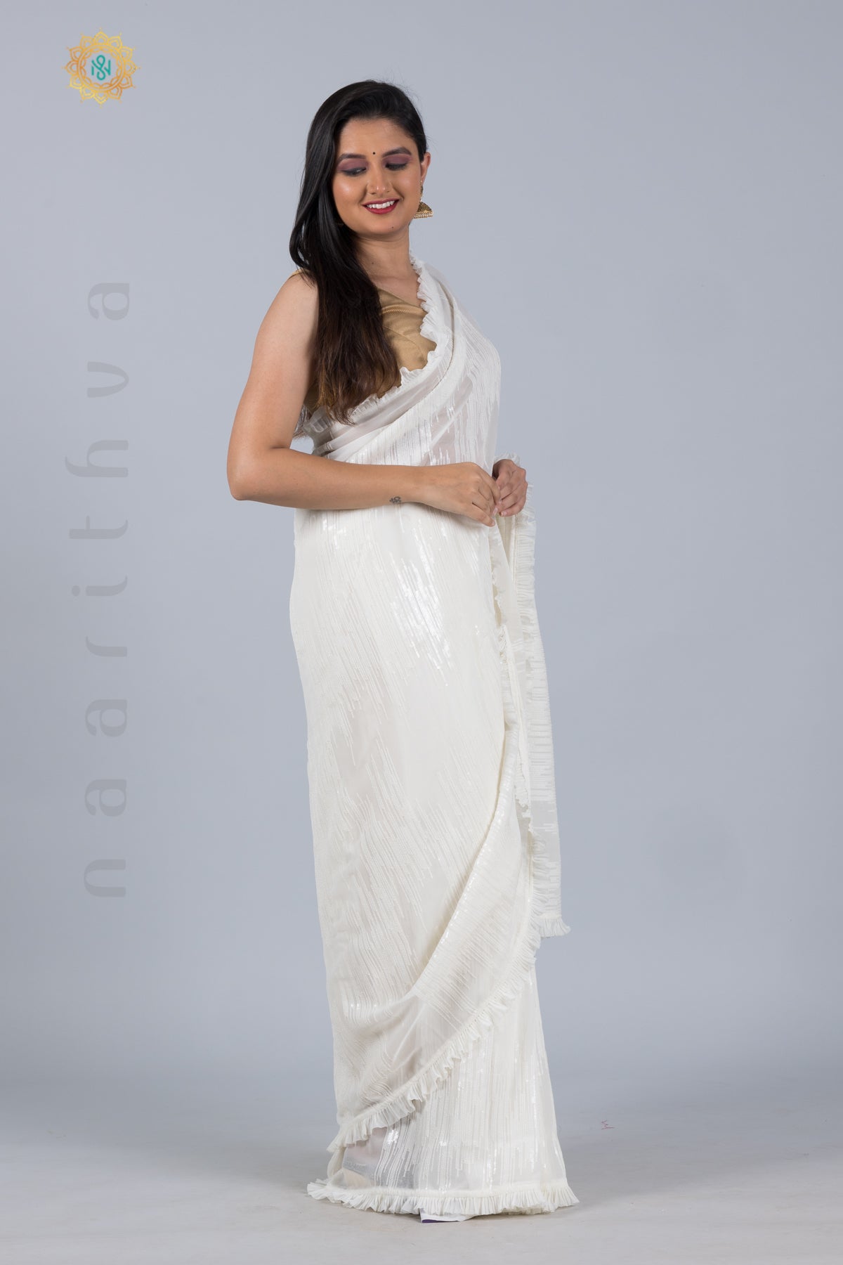 OFF WHITE - DESIGNER GEORGETTE WITH SEQUINS WORK & PLEATED BORDER