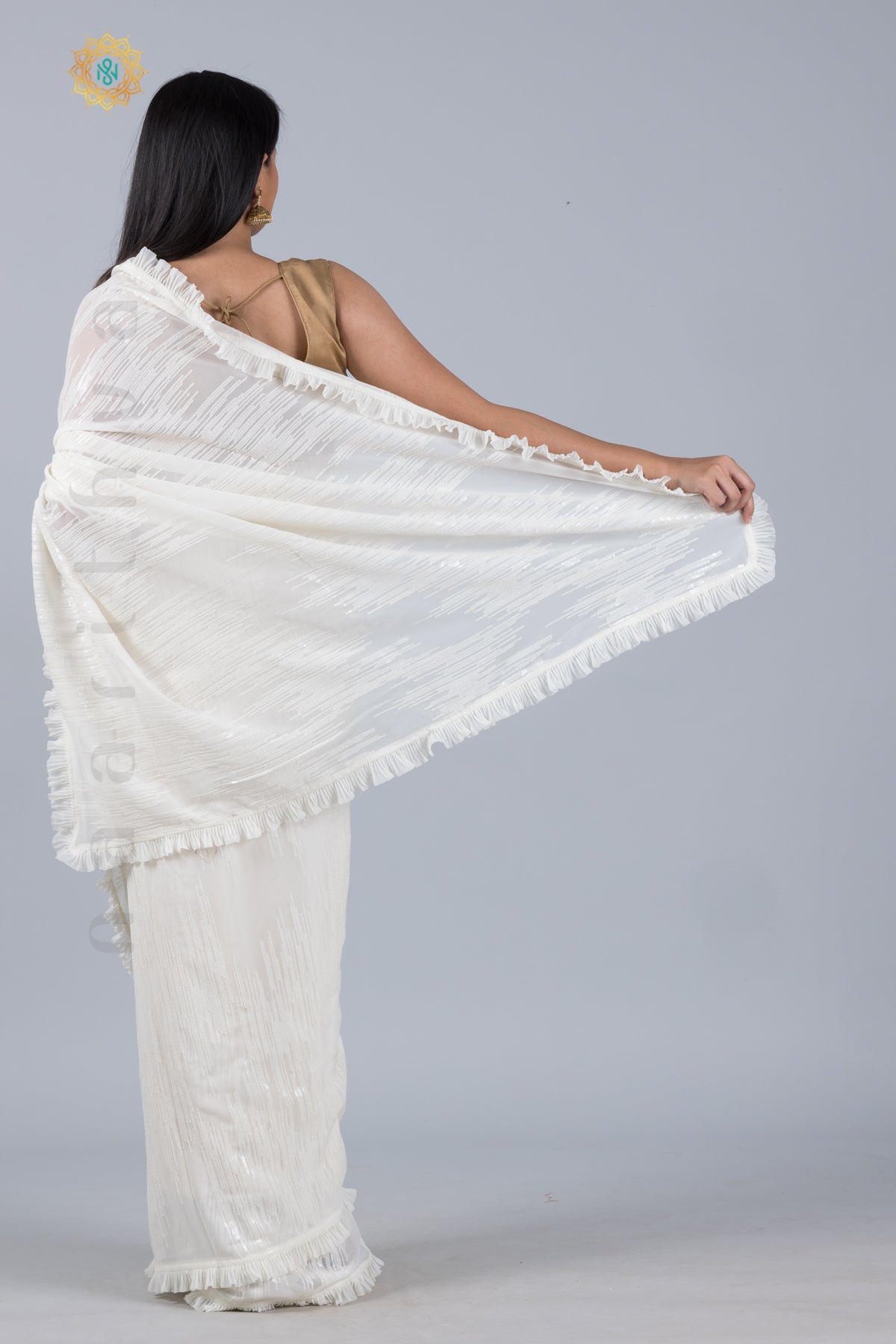 OFF WHITE - DESIGNER GEORGETTE WITH SEQUINS WORK & PLEATED BORDER