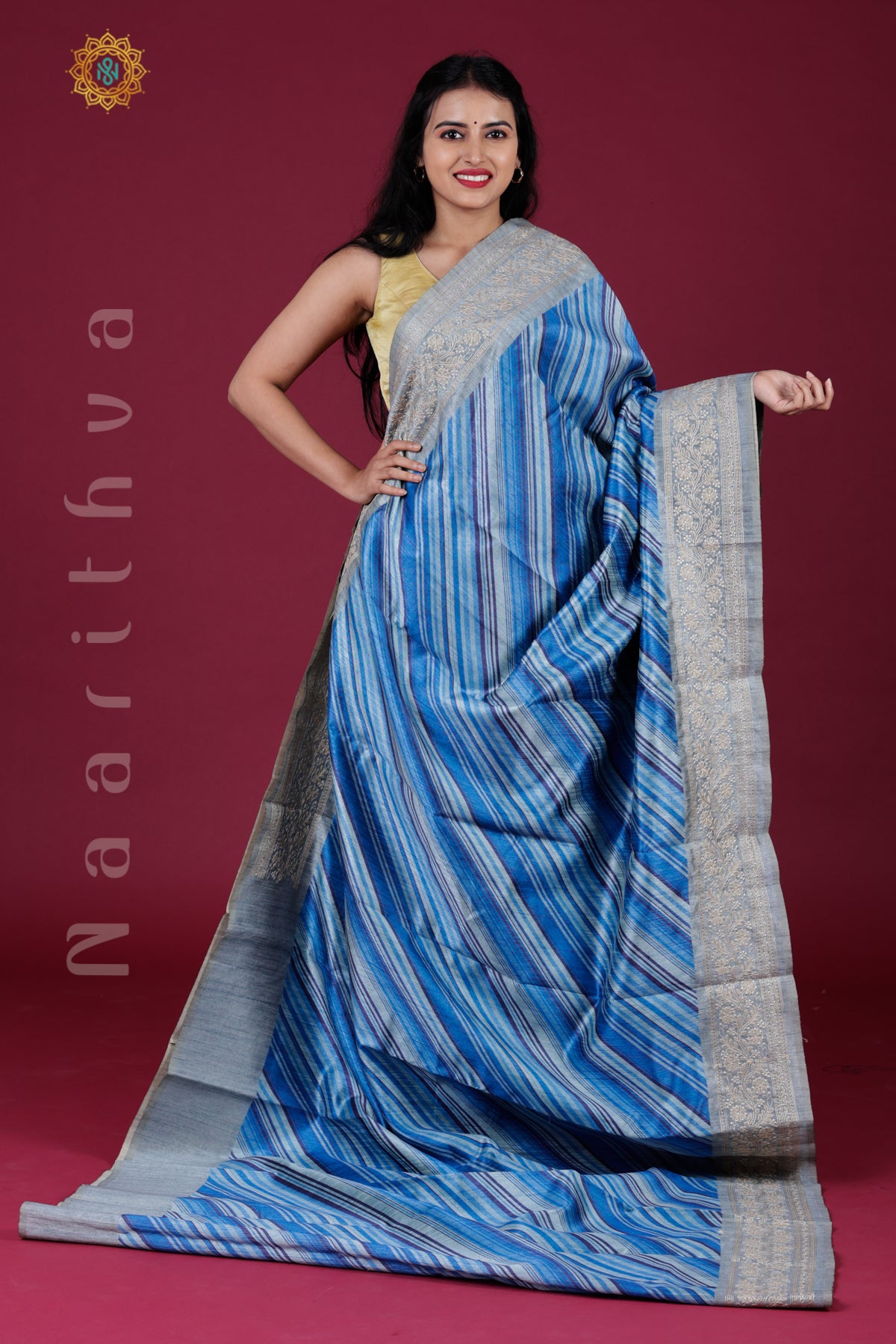 BLUE - SEMI TUSSAR SILK WITH EMBROIDERY