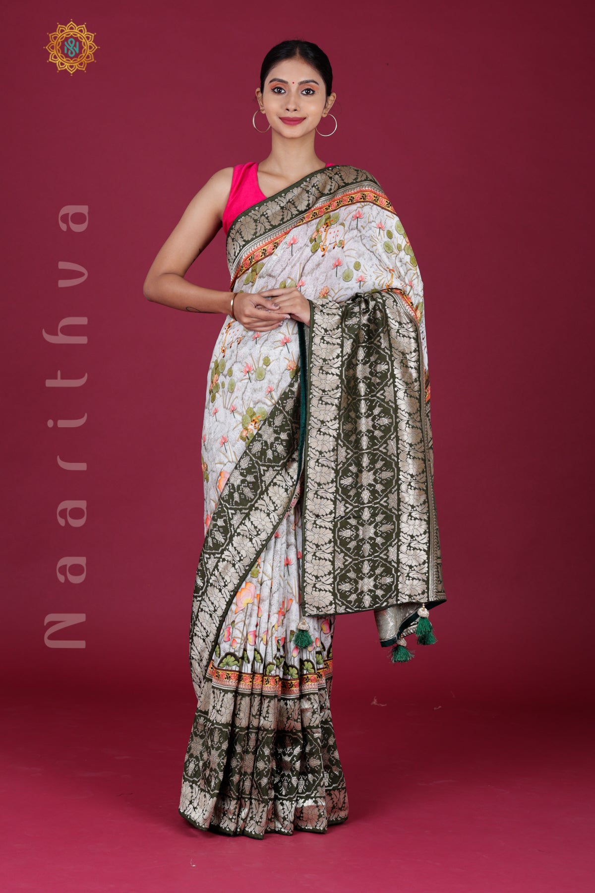 WHITE WITH GREEN - PRINTED DOLA SILK