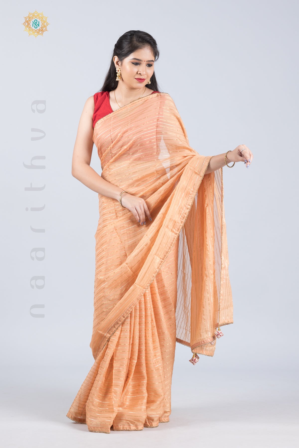 PEACH WITH RED - ORGANZA GEORGETTE WITH ZARI STRIPES ALLOVER & PIPE BEADS BORDER