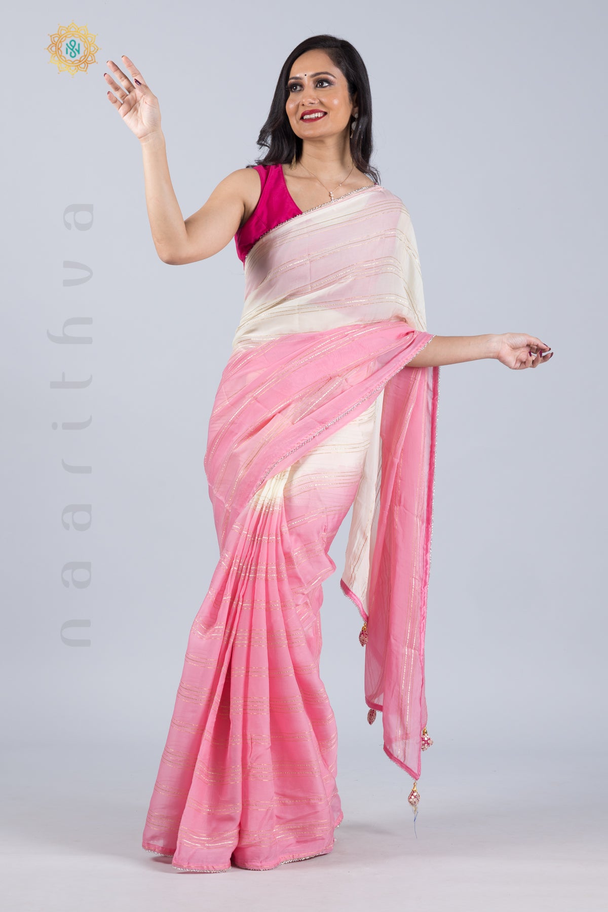 WHITE WITH PINK - ORGANZA GEORGETTE WITH ZARI STRIPES & PIPE BEADS BORDER IN DUAL SHADE