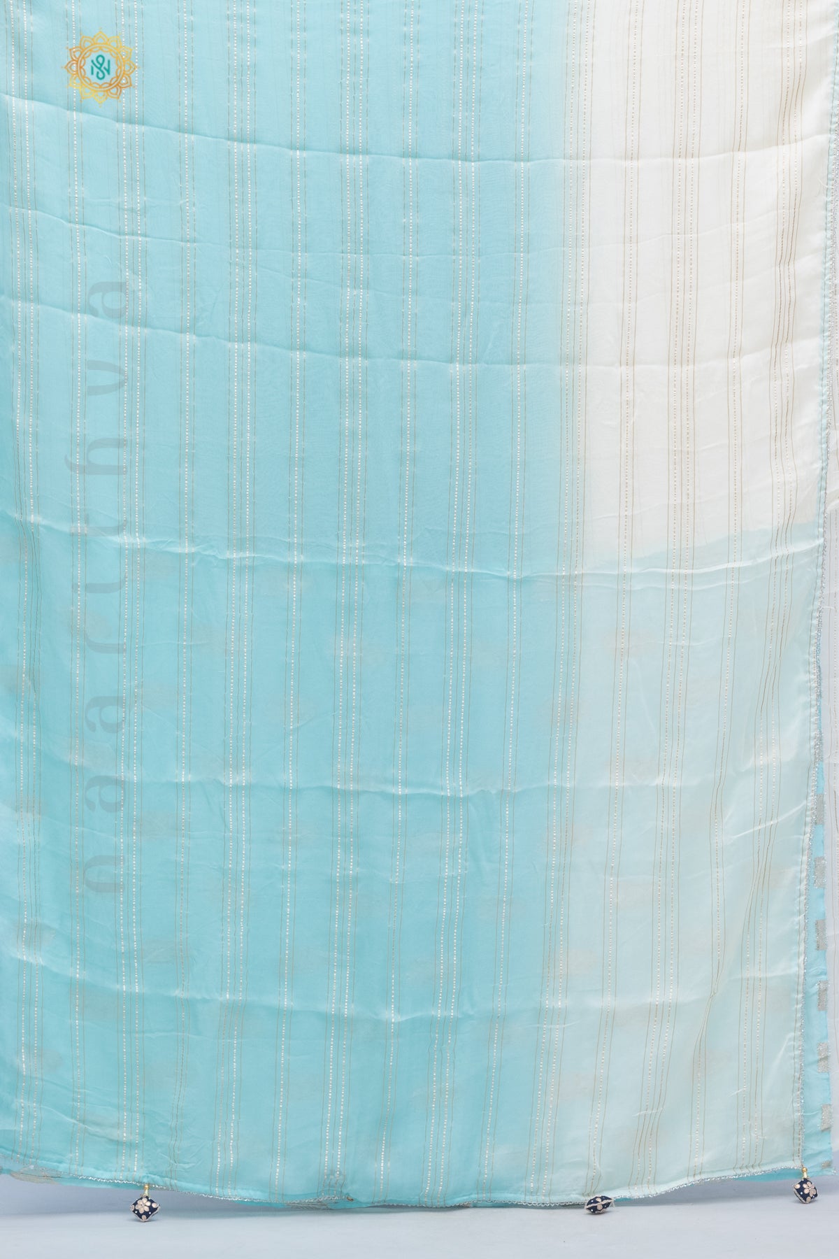 WHITE WITH BLUE - ORGANZA GEORGETTE IN DUAL SHADE WITH STRIPES ZARI & PIPE BEADS BORDER