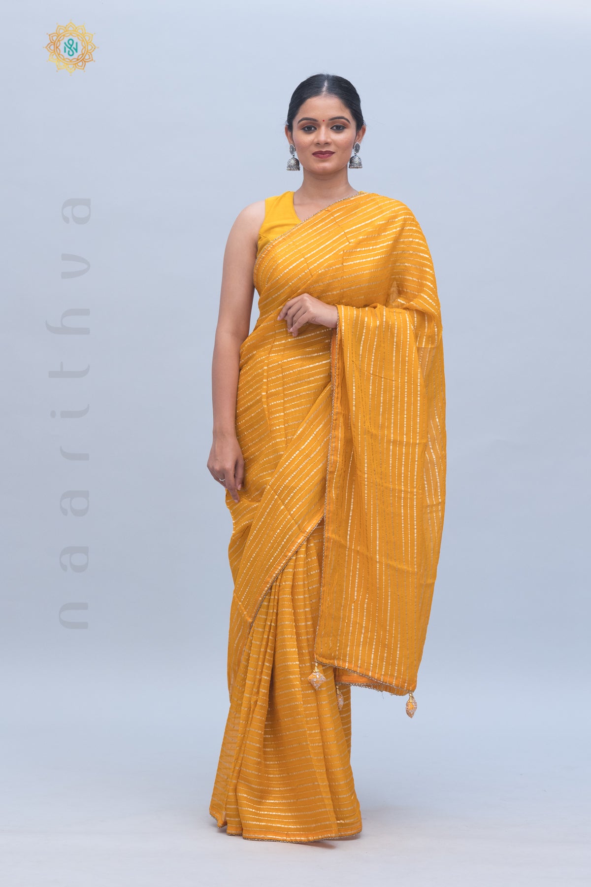 YELLOW - ORGANZA GEORGETTE WITH ZARI STRIPES, PIPE BEADS BORDER & BROCADE BLOUSE