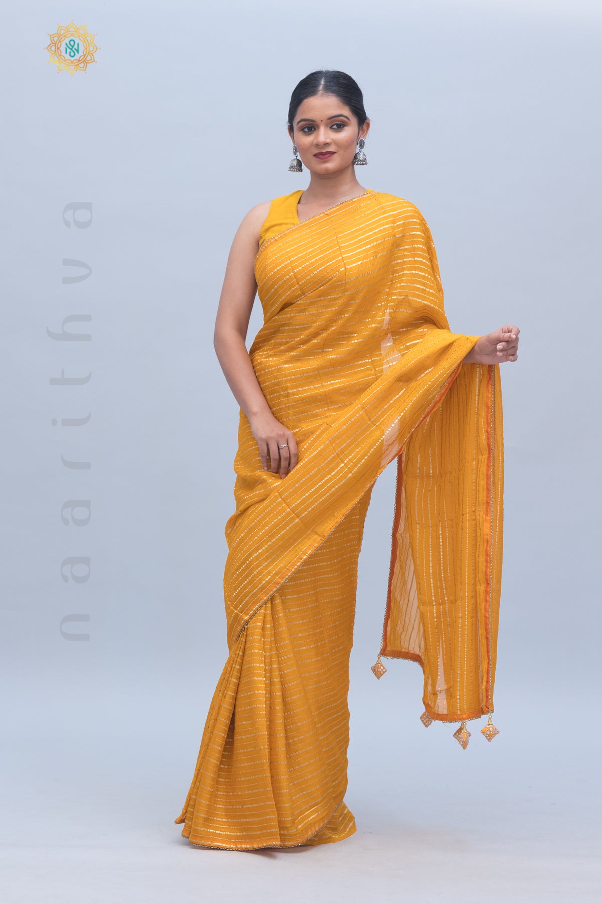 YELLOW - ORGANZA GEORGETTE WITH ZARI STRIPES, PIPE BEADS BORDER & BROCADE BLOUSE