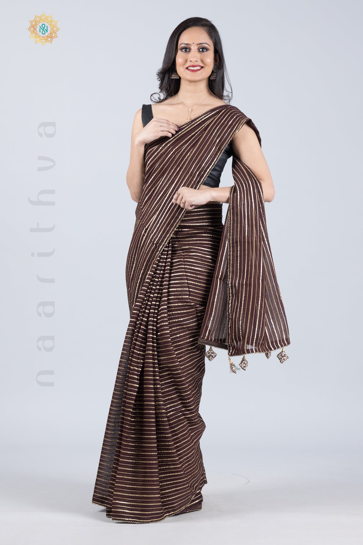 BROWN - ORGANZA GEORGETTE WITH STRIPES ZARI, PIPE BEADS BORDER & BROCADE BLOUSE