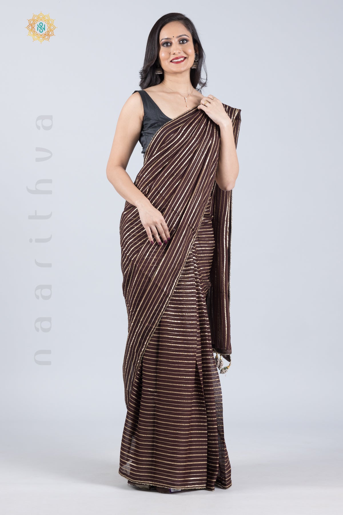 BROWN - ORGANZA GEORGETTE WITH STRIPES ZARI, PIPE BEADS BORDER & BROCADE BLOUSE