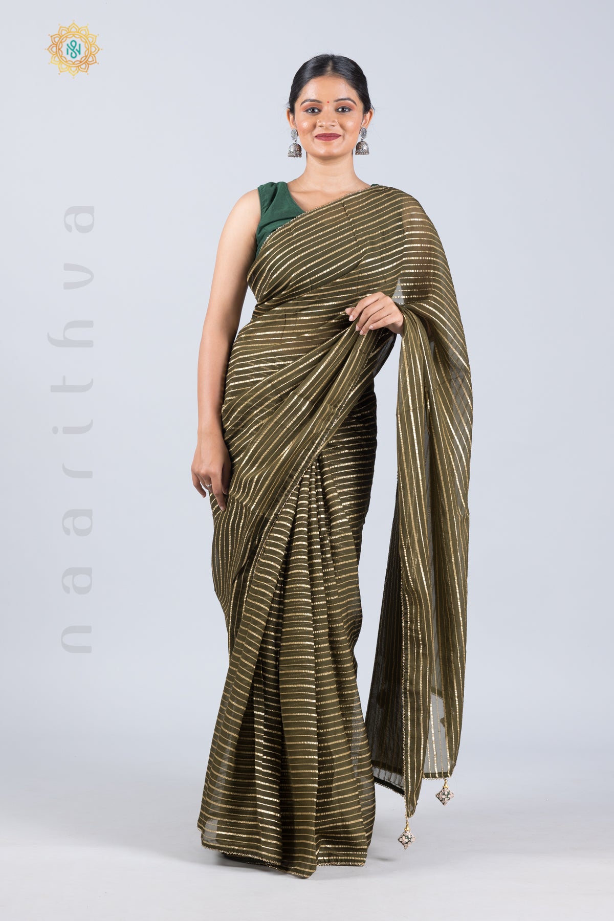 OLIVE GREEN - ORGANZA GEORGETTE WITH ZARI STRIPES, PIPE BEADS BORDER & BROCADE BLOUSE