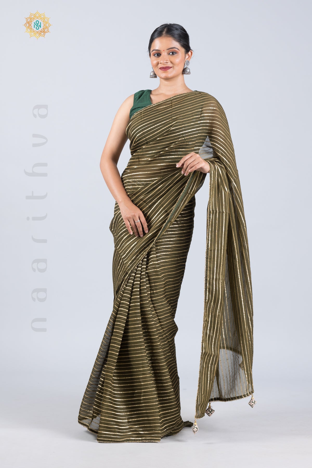 OLIVE GREEN - ORGANZA GEORGETTE WITH ZARI STRIPES, PIPE BEADS BORDER & BROCADE BLOUSE
