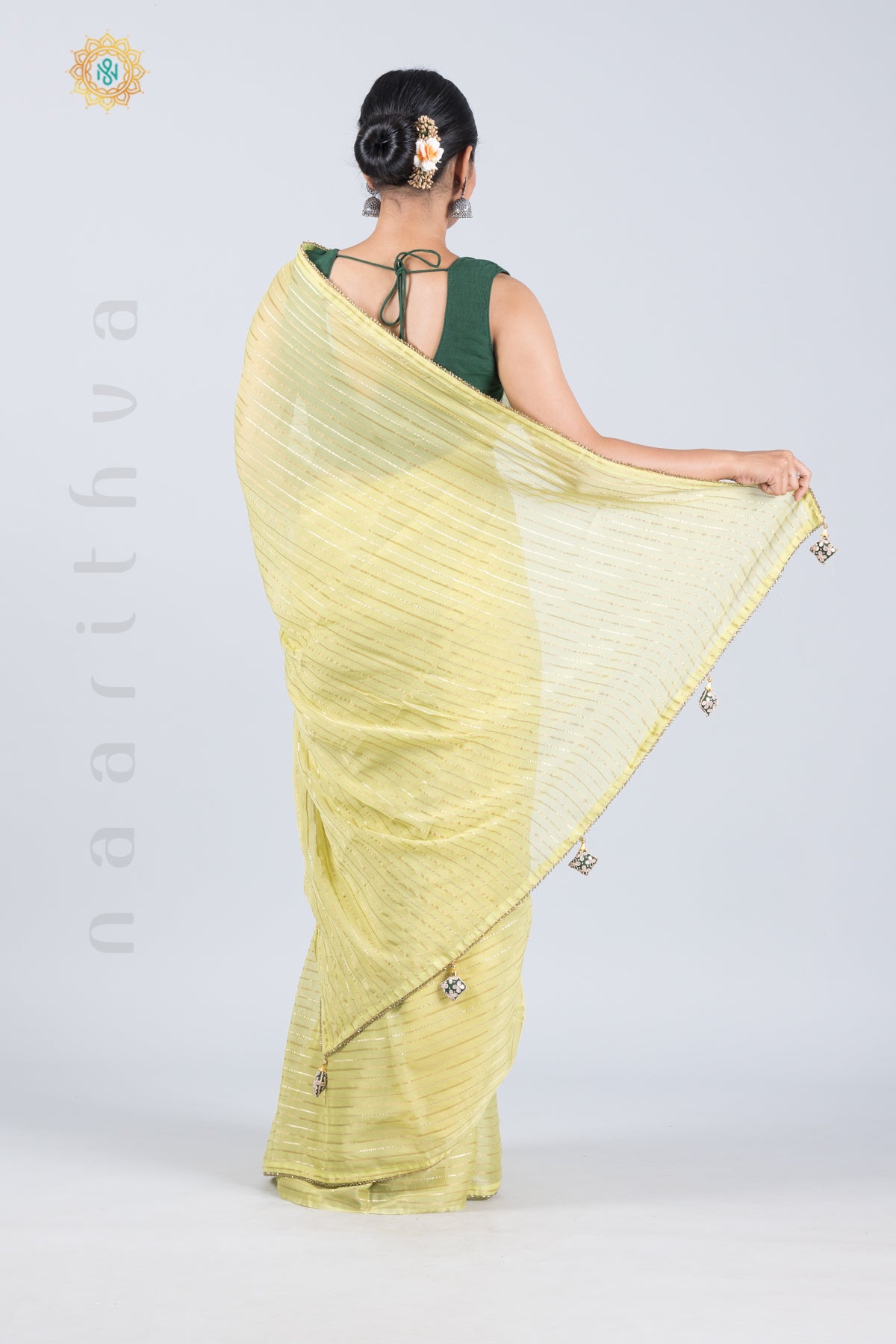 LIME GREEN WITH DARK GREEN - ORGANZA GEORGETTE WITH STRIPES ZARI, PIPE BEADS BORDER & BORCADE BLOUSE