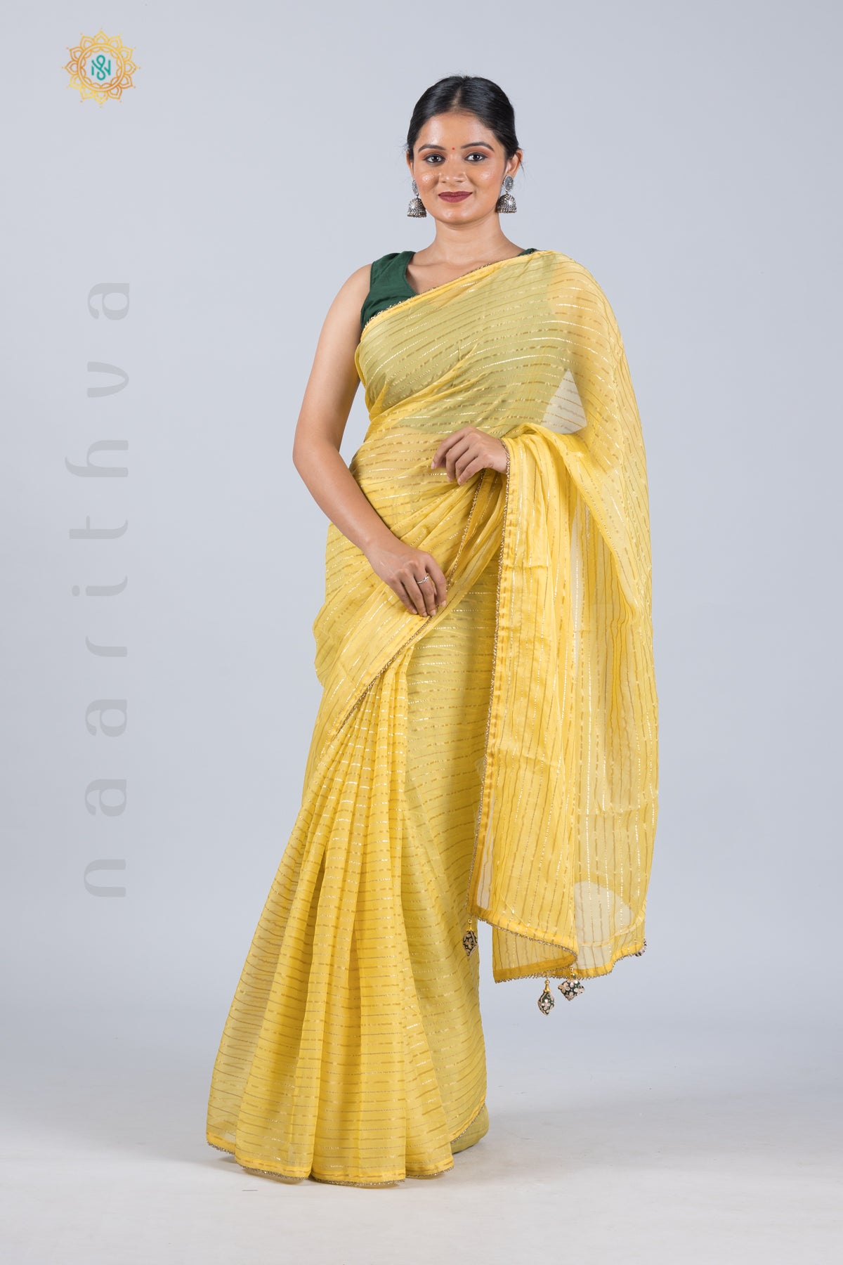 YELLOW WITH GREEN - ORGANZA GEORGETTE WITH STRIPES ZARI, PIPE BEADS BORDER & BROCADE BLOUSE
