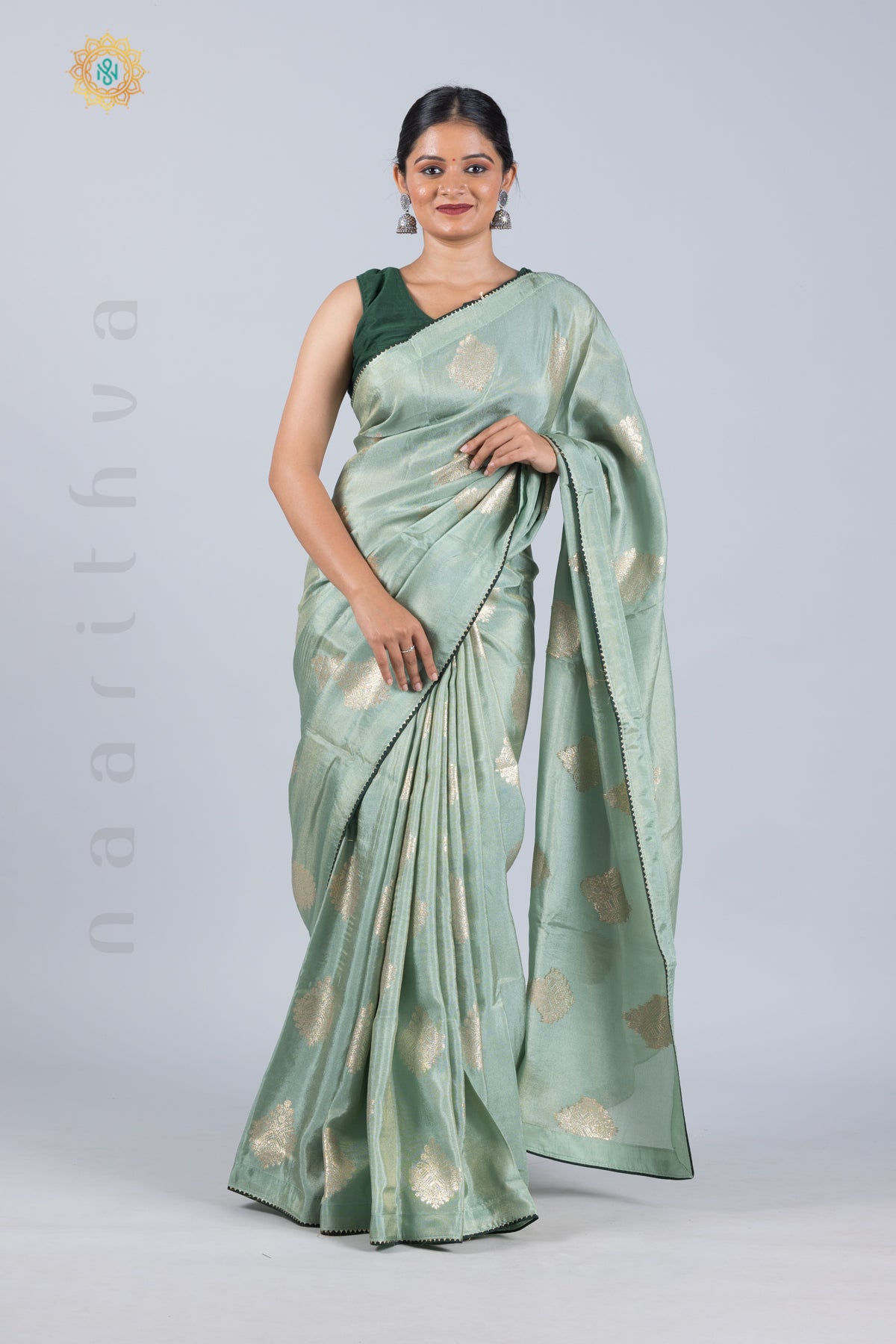 PASTEL GREEN WITH DARK GREEN - CREPE TISSUE WITH ZARI BUTTAS & CONTRAST WOVEN BLOUSE