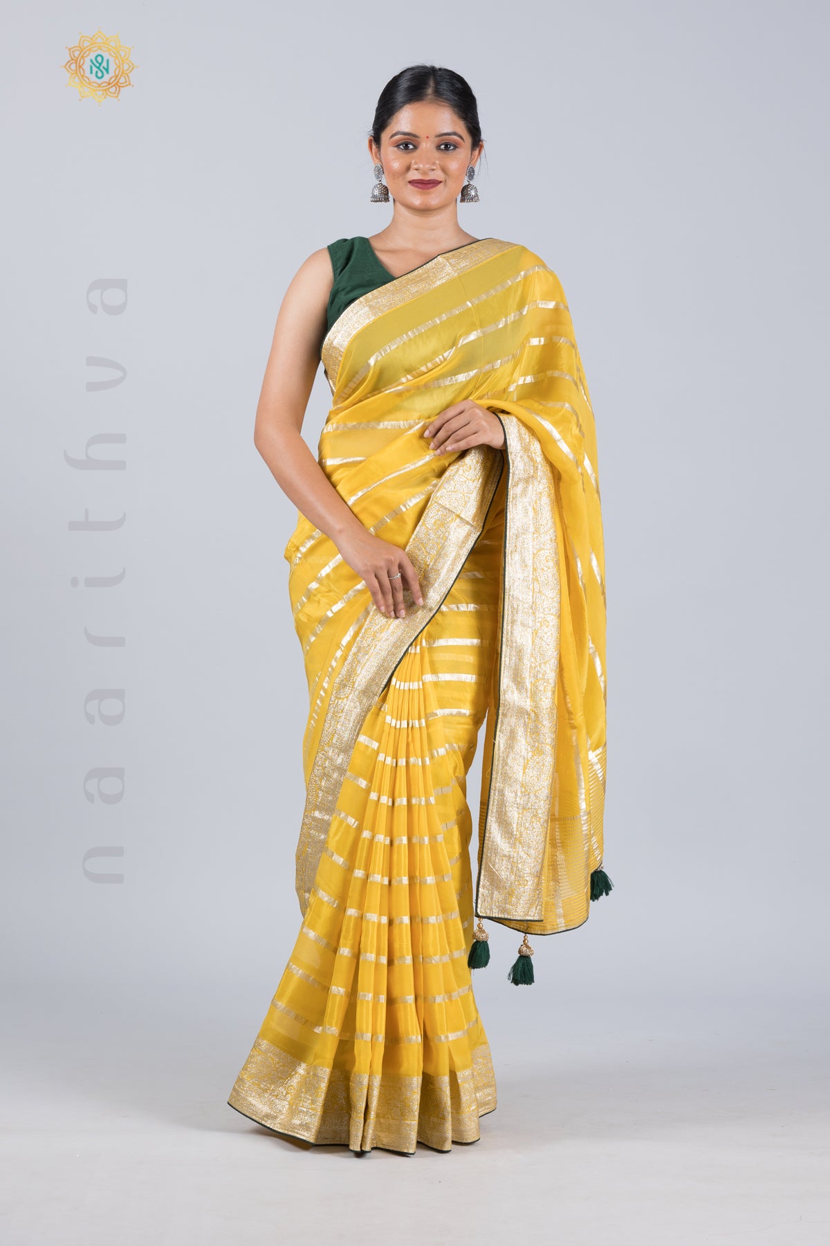 YELLOW WITH GREEN - ORGANZA GEORGETTE WITH WEAVING ZARI LINES & CONTRAST BROCADE BLOUSE
