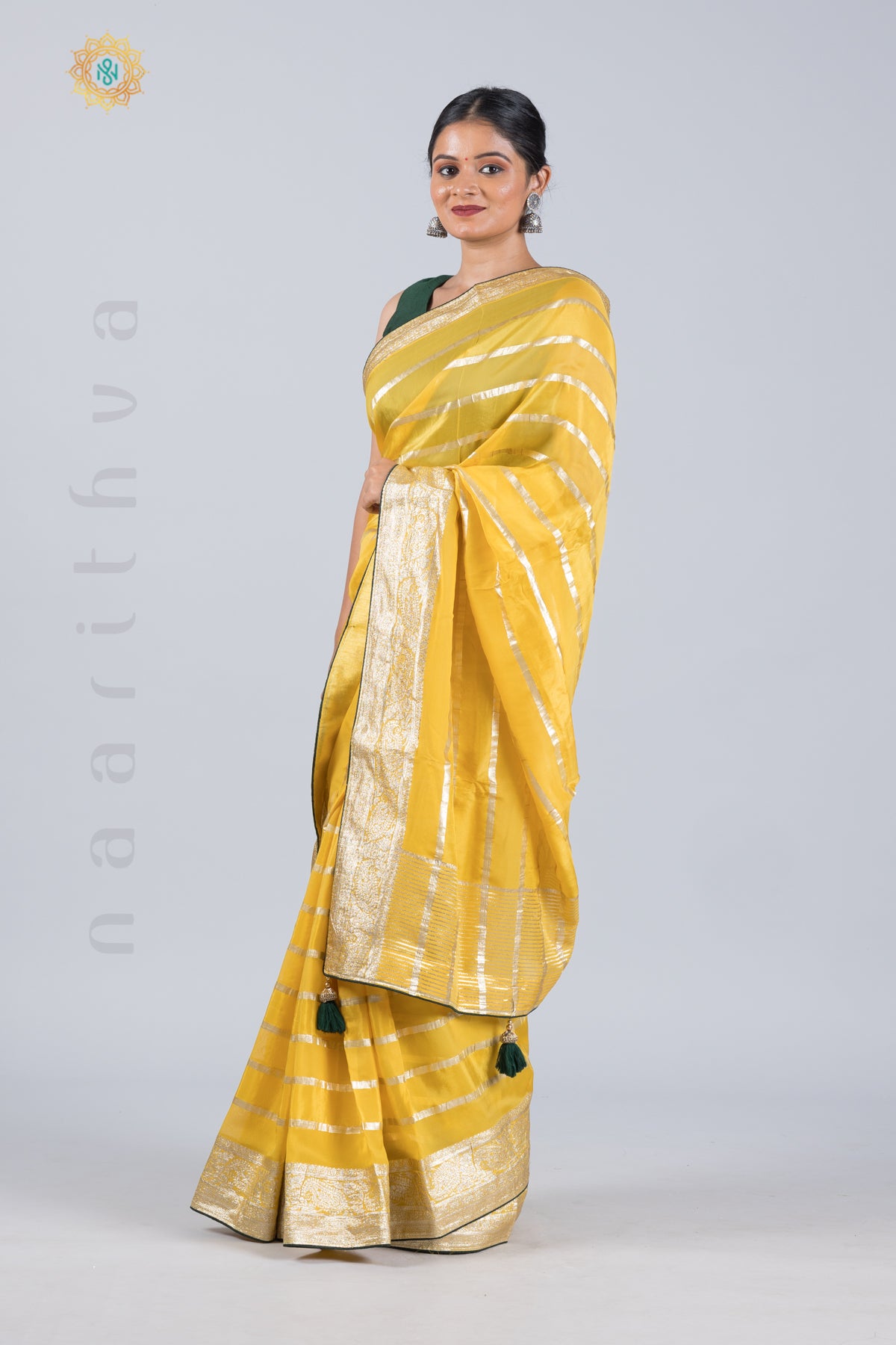 YELLOW WITH GREEN - ORGANZA GEORGETTE WITH WEAVING ZARI LINES & CONTRAST BROCADE BLOUSE
