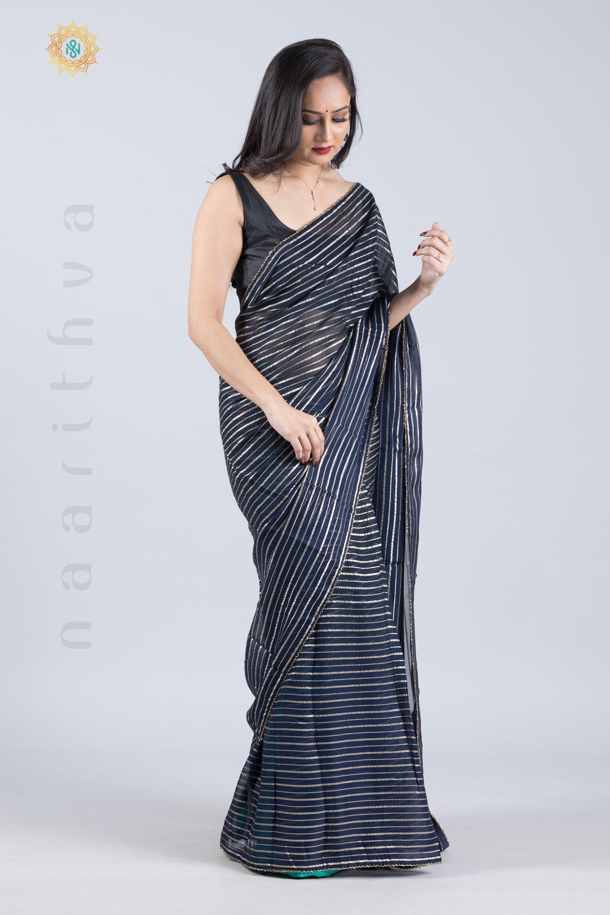 NAVY BLUE WITH GREEN - ORGANZA GEORGETTE WITH ZARI STRIPES, PIPE BEADS BORDER & BROCADE BLOUSE