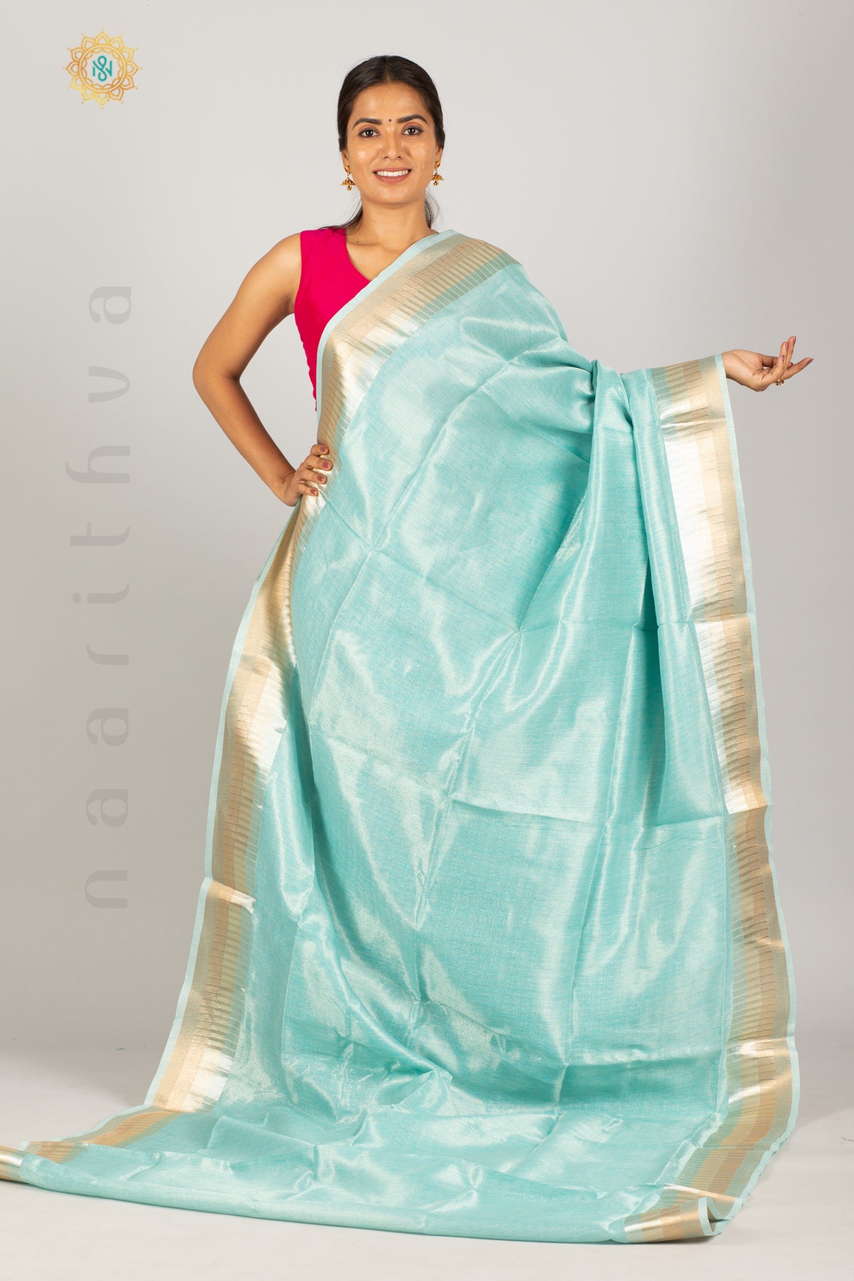 PASTEL BLUE - LINEN TISSUE WITH ZARI WOVEN BORDER & SELF BLOUSE