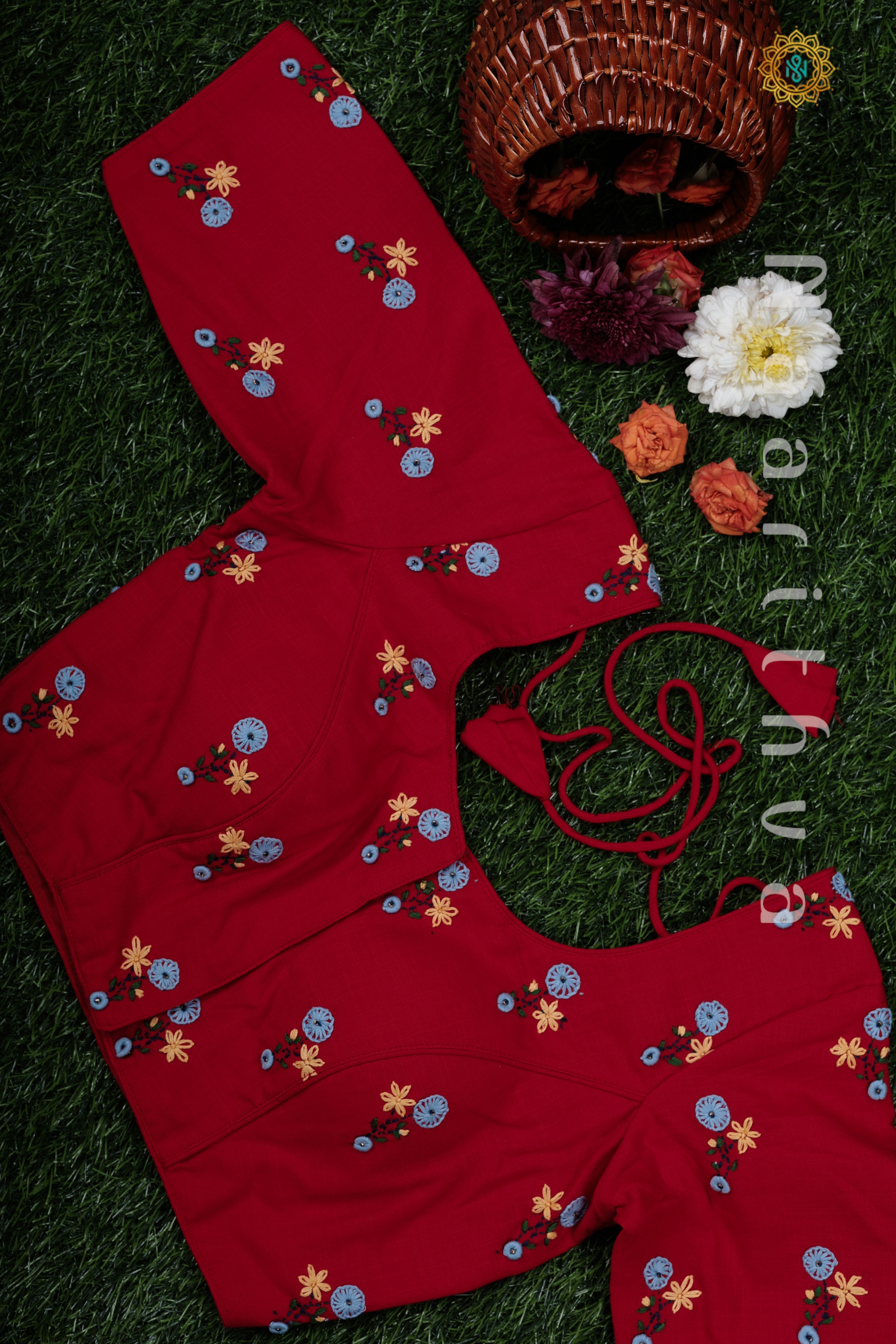 RED - COTTON READYMADE HAND EMBROIDERY BLOUSE