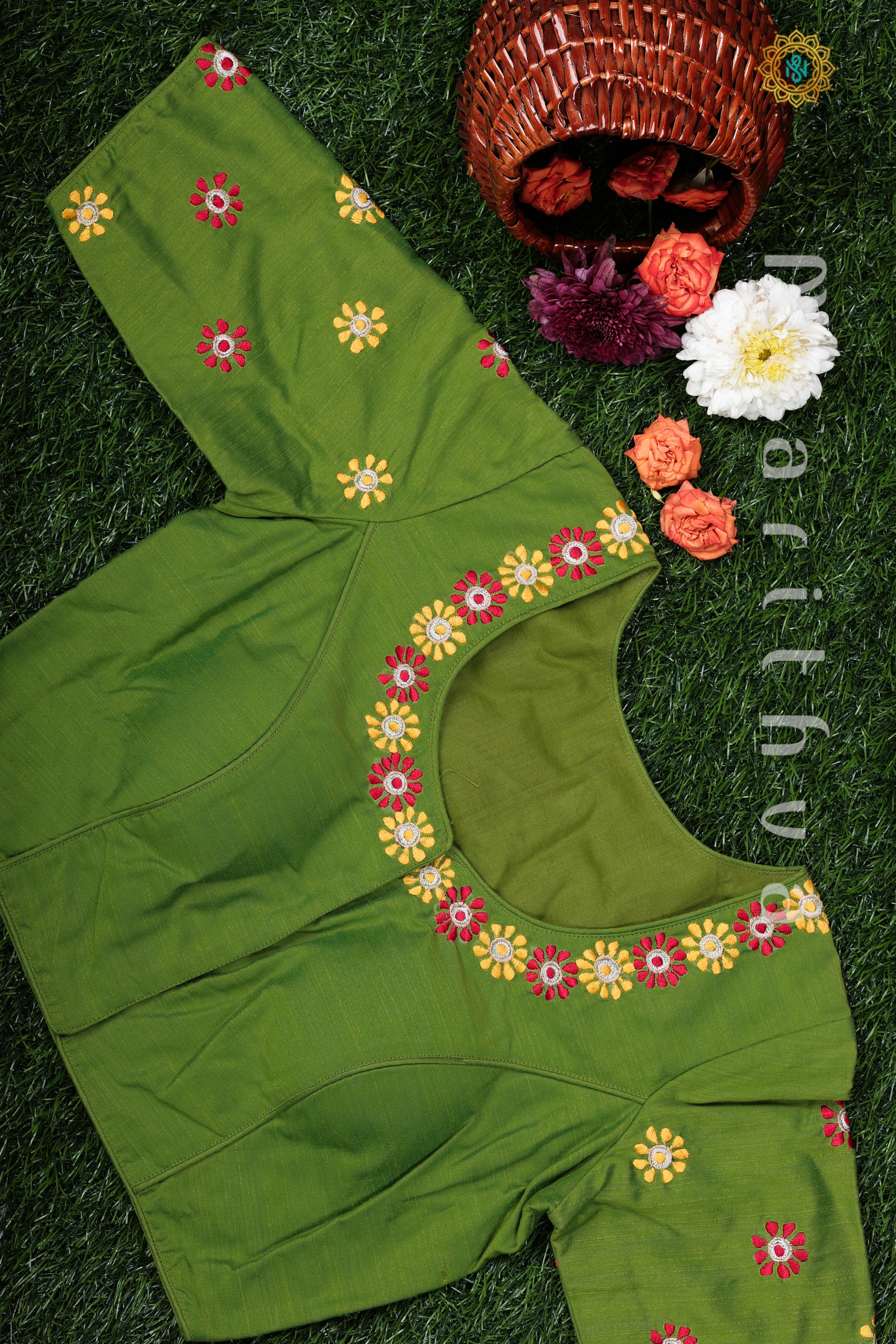 GREEN - READYMADE COTTON BLOUSE WITH HAND EMBROIDERY DESIGN