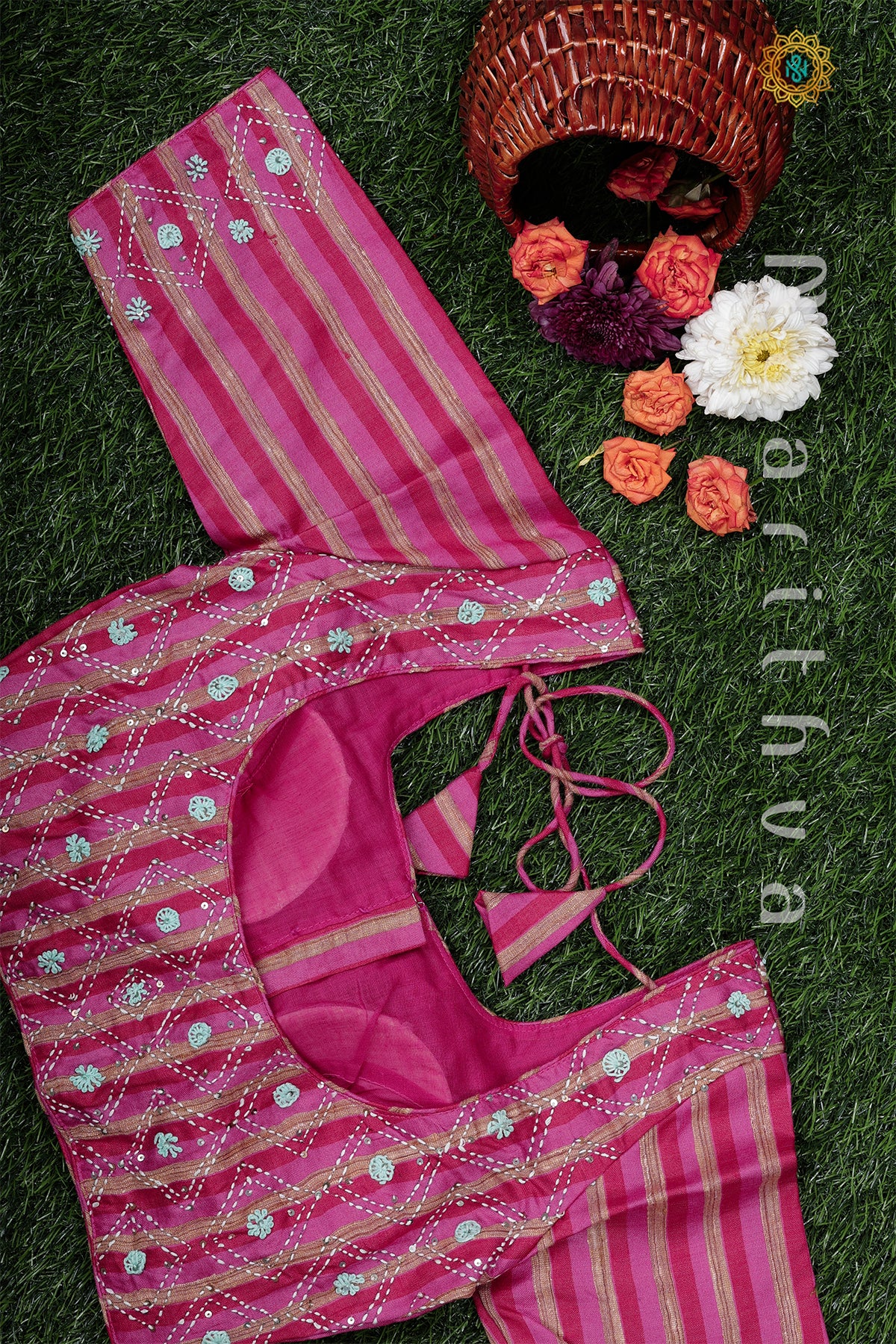 PINK WITH CREAM - READYMADE COTTON BLOUSE WITH KATHA EMBROIDERY