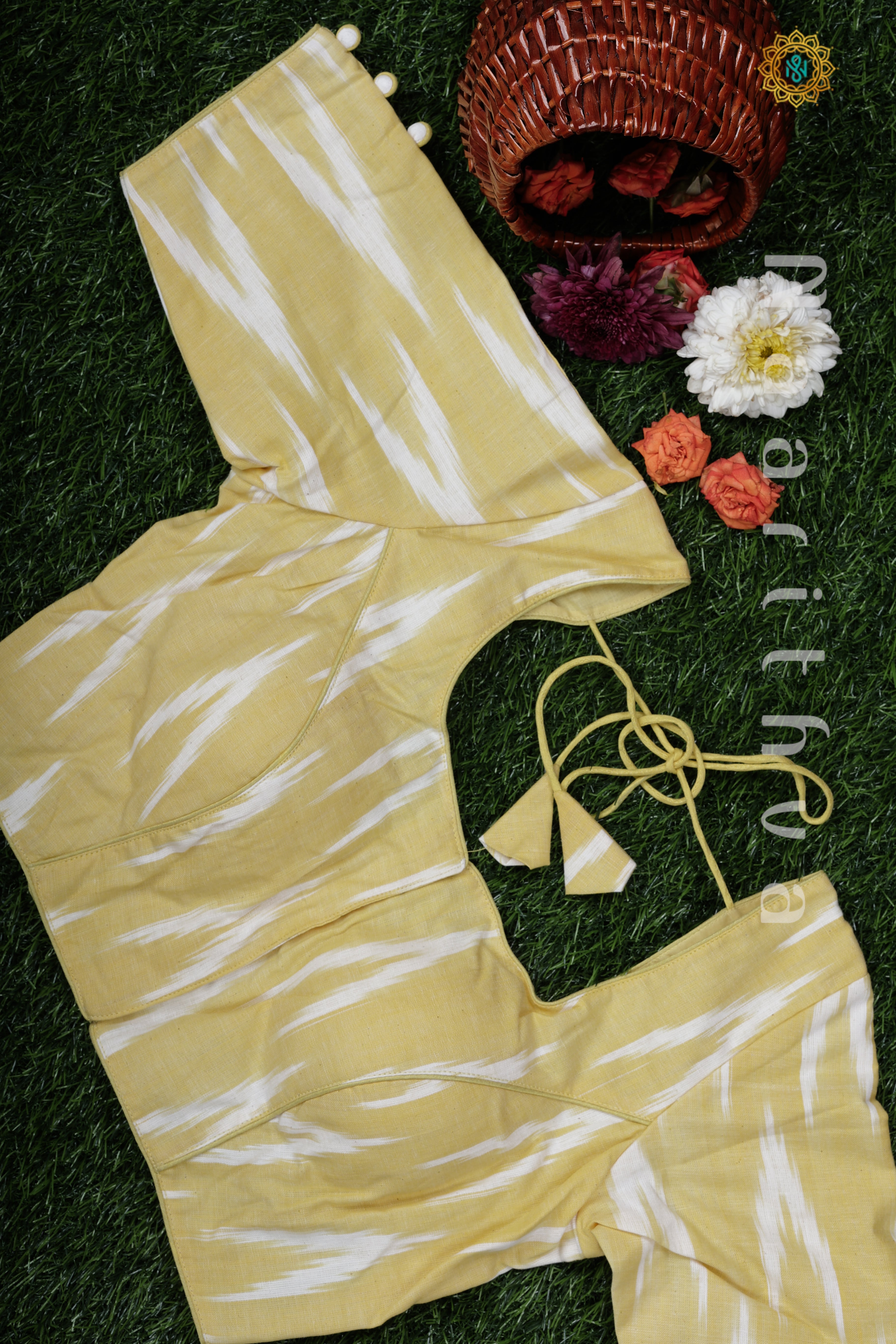 LEMON YELLOW - READYMADE COTTON BLOUSE WITH IKAT PRINTS