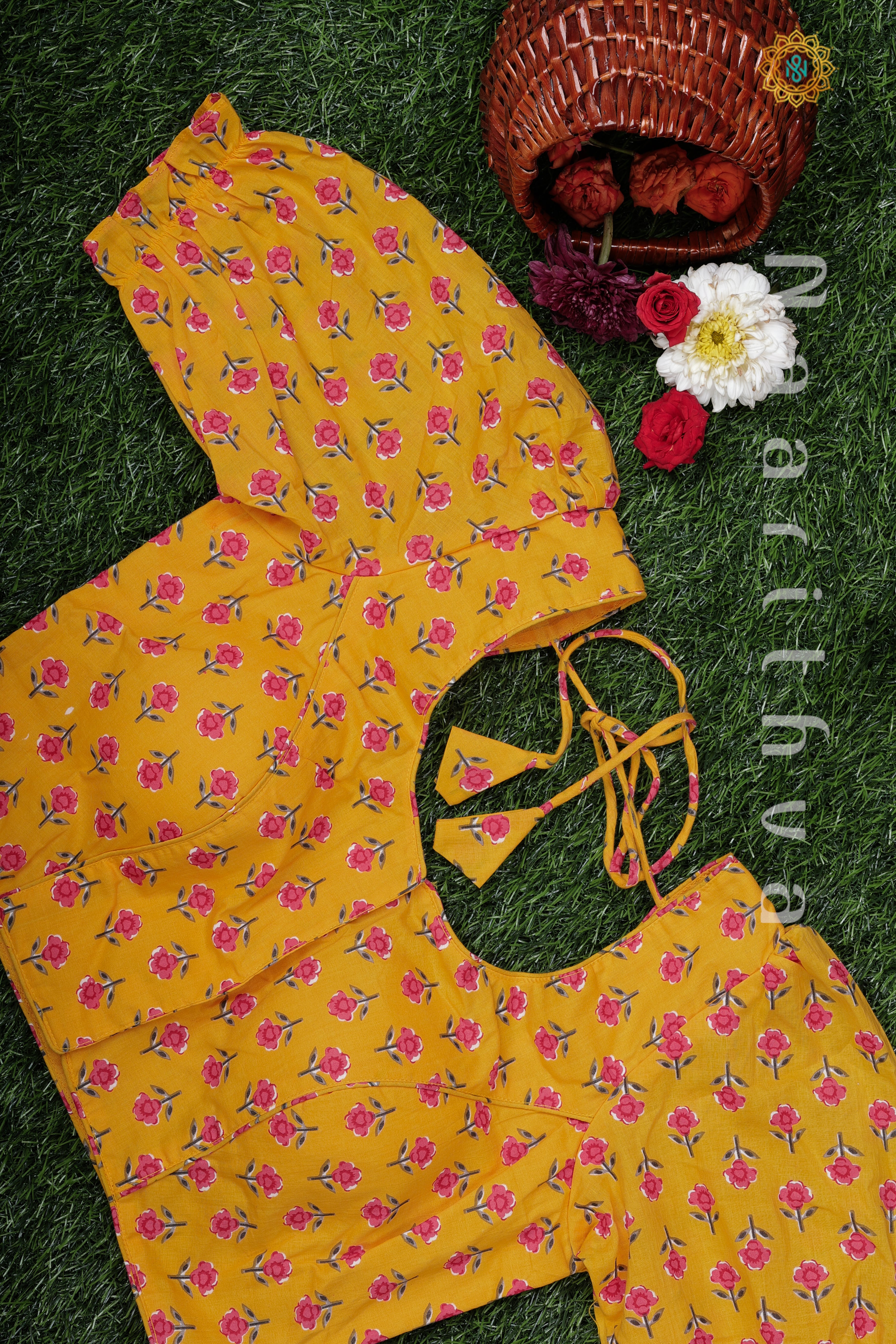 YELLOW - READYMADE COTTON BLOUSE WITH BLOCK PRINTS WITH PUFF SLEEVE