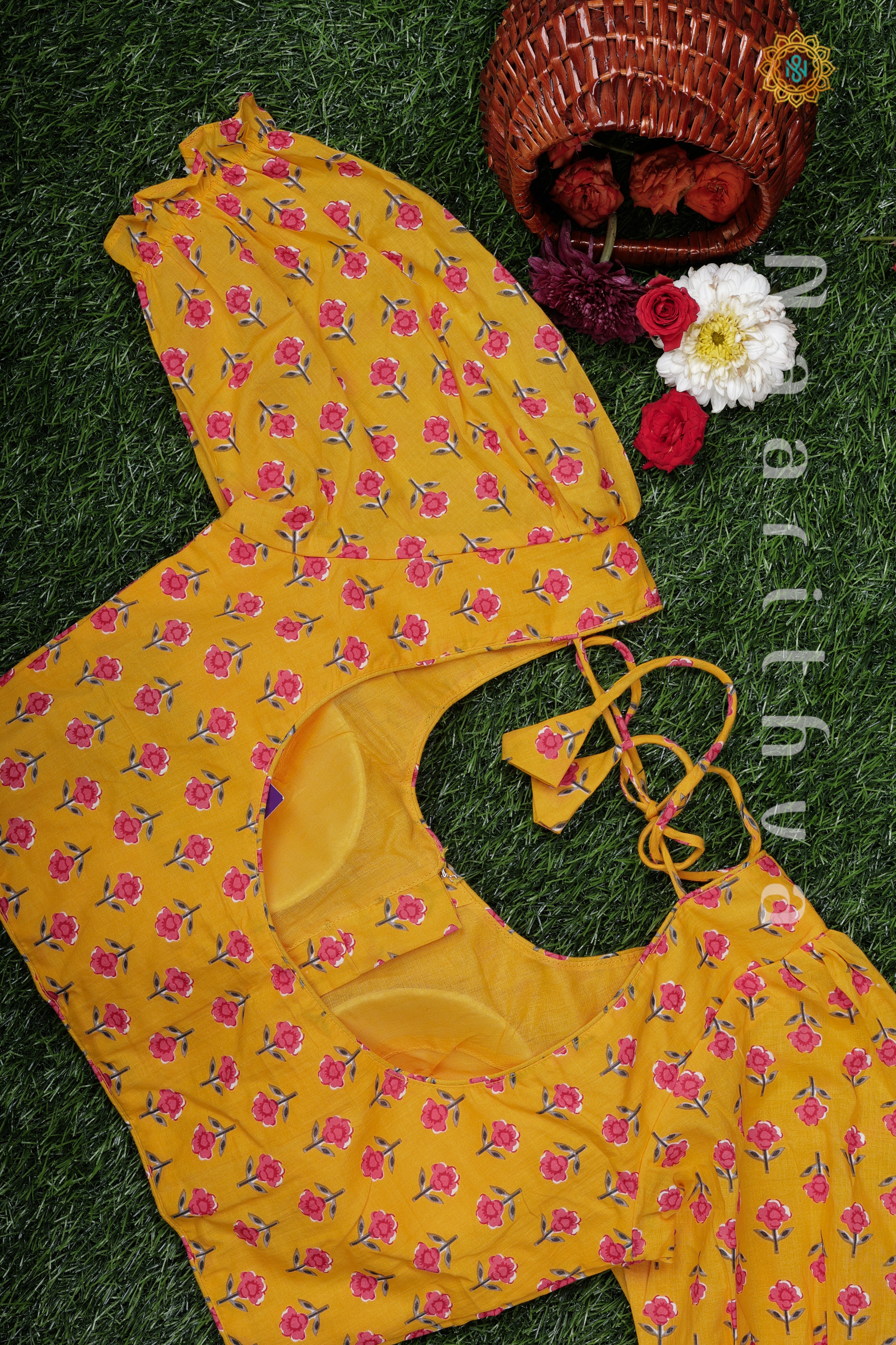 YELLOW - READYMADE COTTON BLOUSE WITH BLOCK PRINTS WITH PUFF SLEEVE