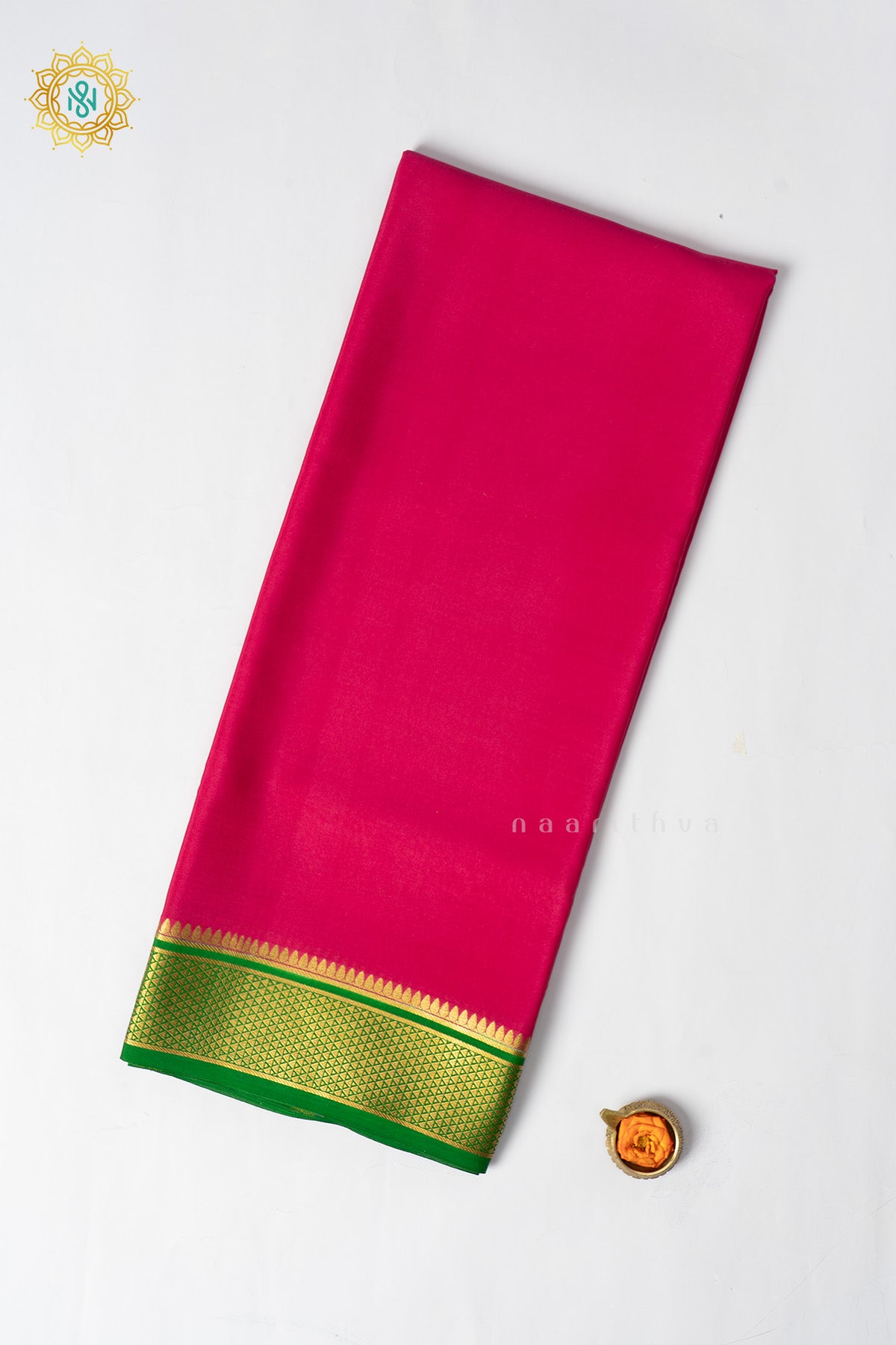 Red with Green Pure Mysore Crepe Silk Saree with Plain Body and Contrast Zari Woven Border
