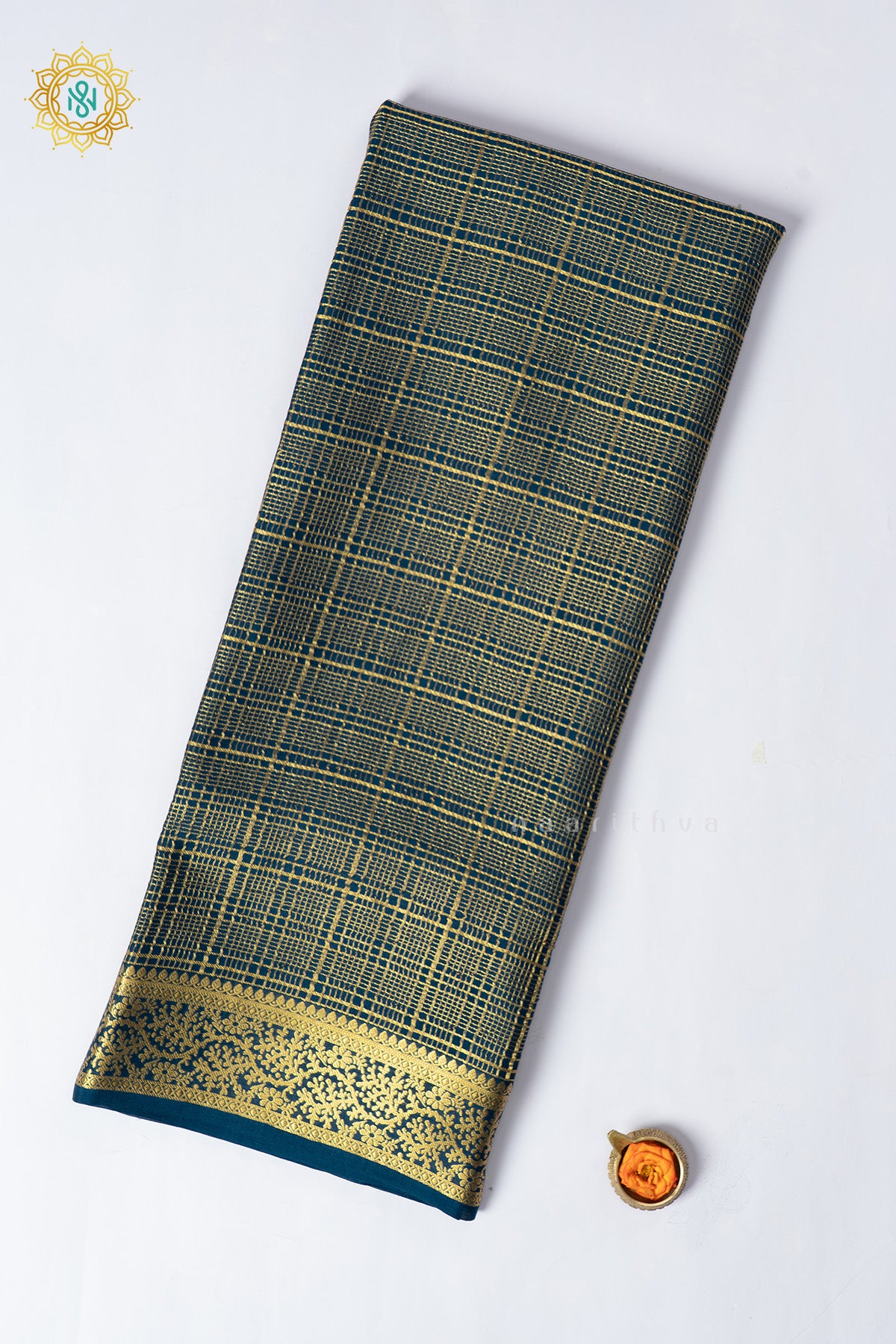 Peacock Blue Pure Mysore Crepe Silk Saree with Checks Body & Zari Border