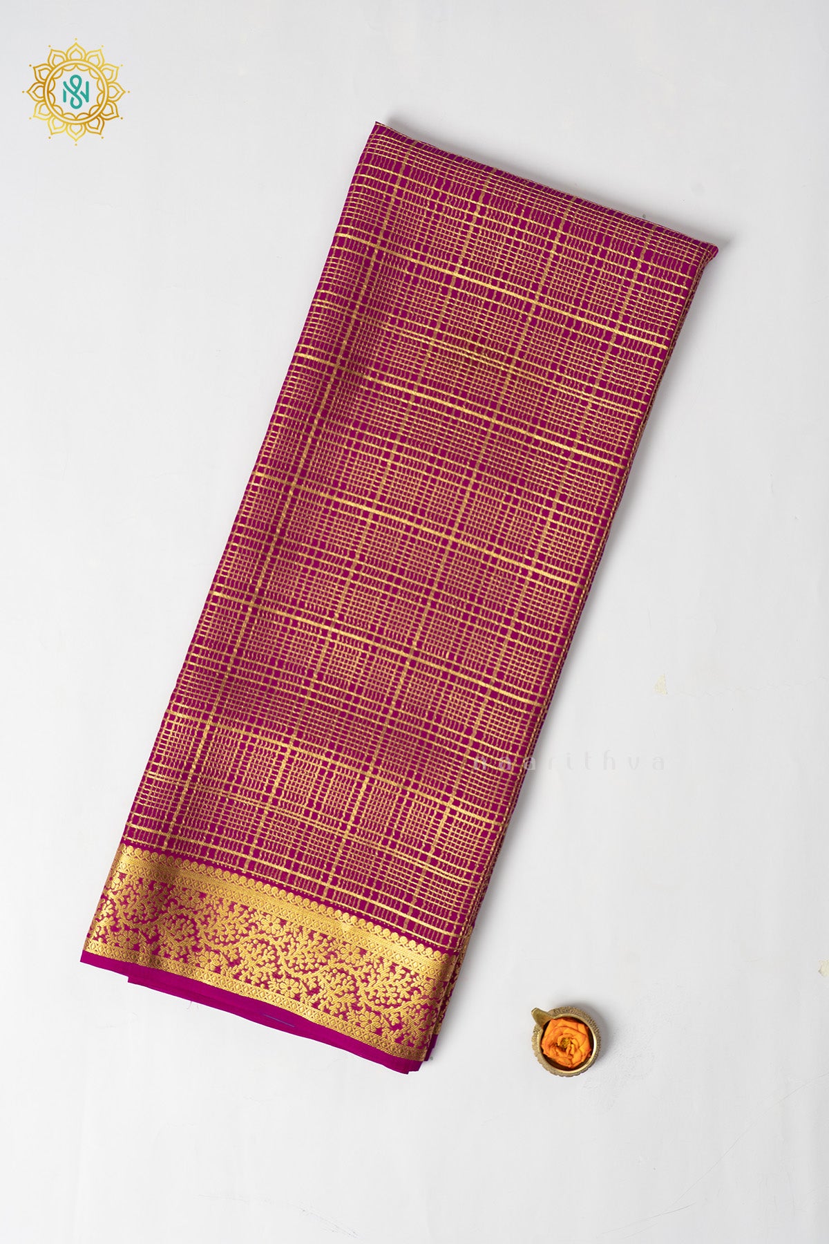 Pink Pure Mysore Crepe Silk Saree with Checks Body & Zari Border