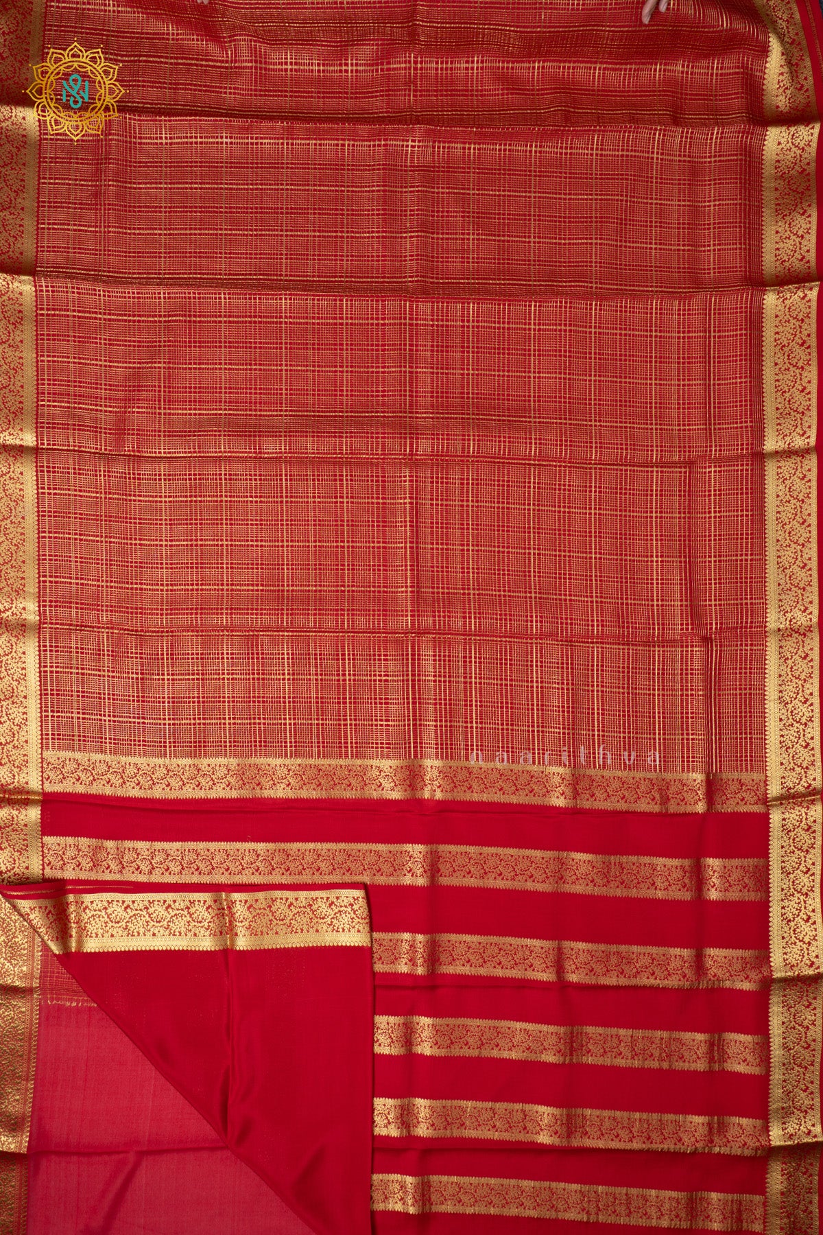 Red Pure Mysore Crepe Silk Saree with Checks Body & Zari Border