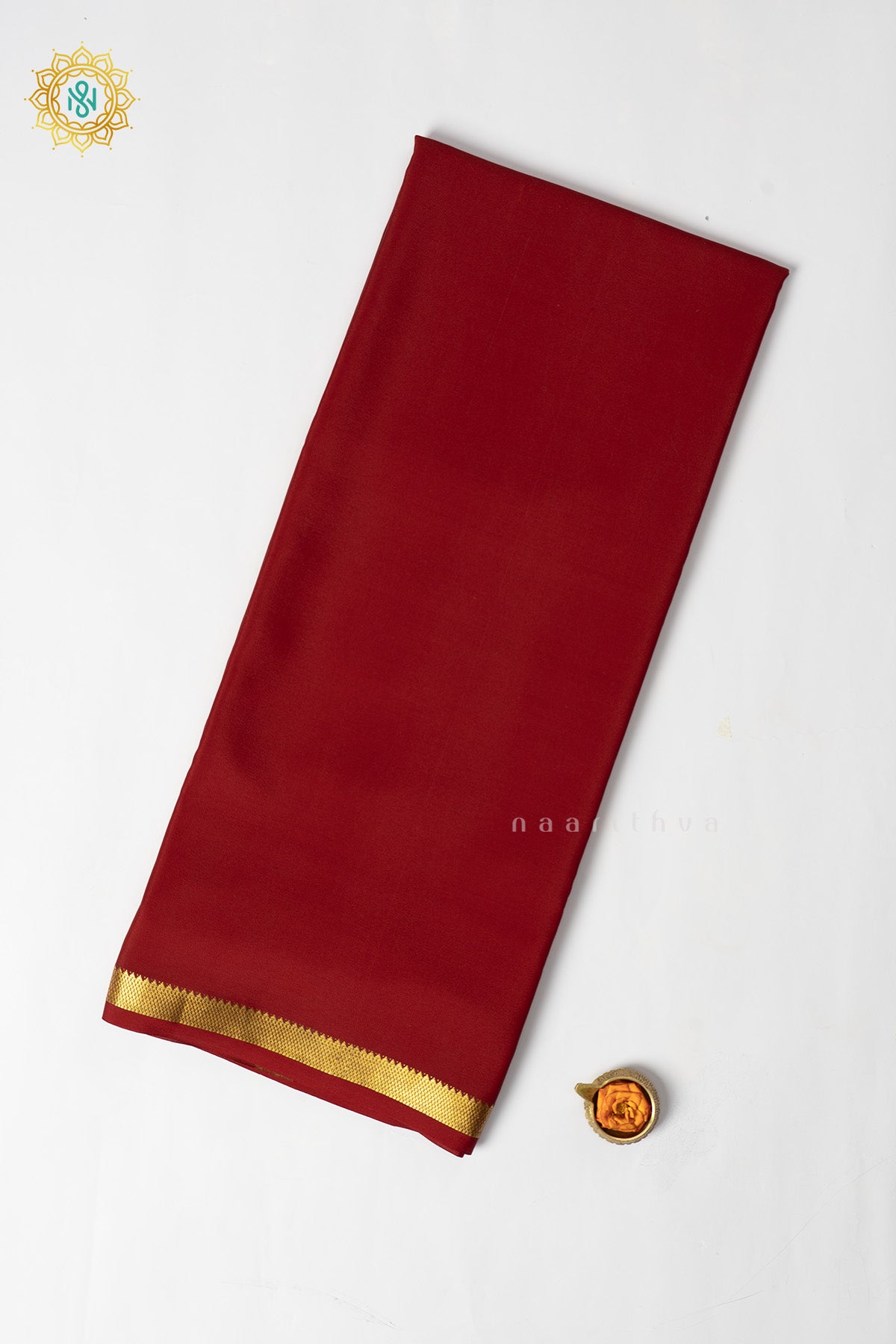 Maroon Pure Mysore Crepe Silk Plain Body and Zari Woven Butta Border