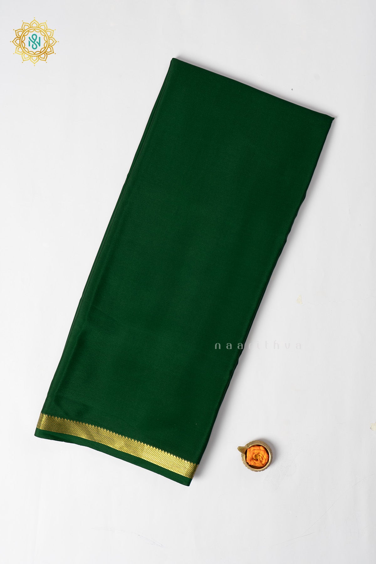 Bottle Green Pure Mysore Crepe Silk Plain Body and Zari Woven Butta Border