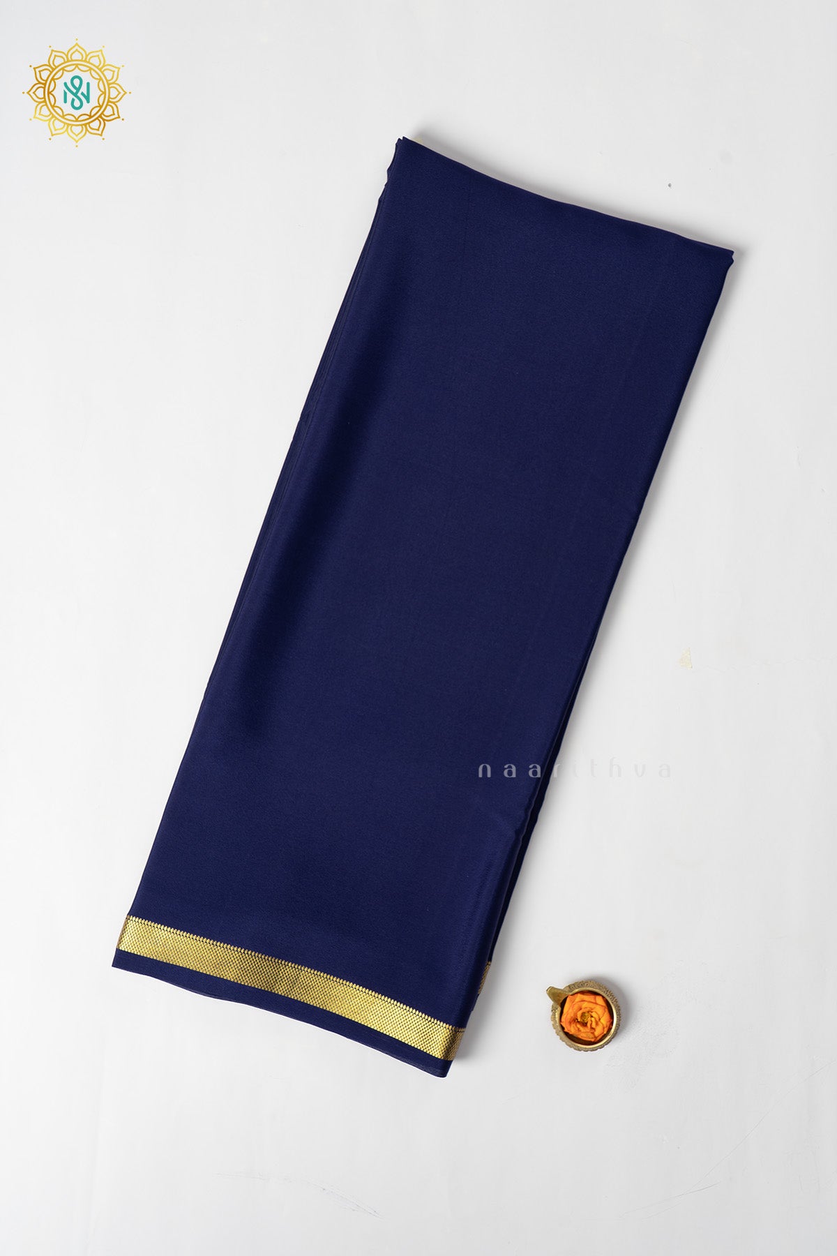 Dark Blue Pure Mysore Crepe Silk Plain Body and Zari Woven Butta Border
