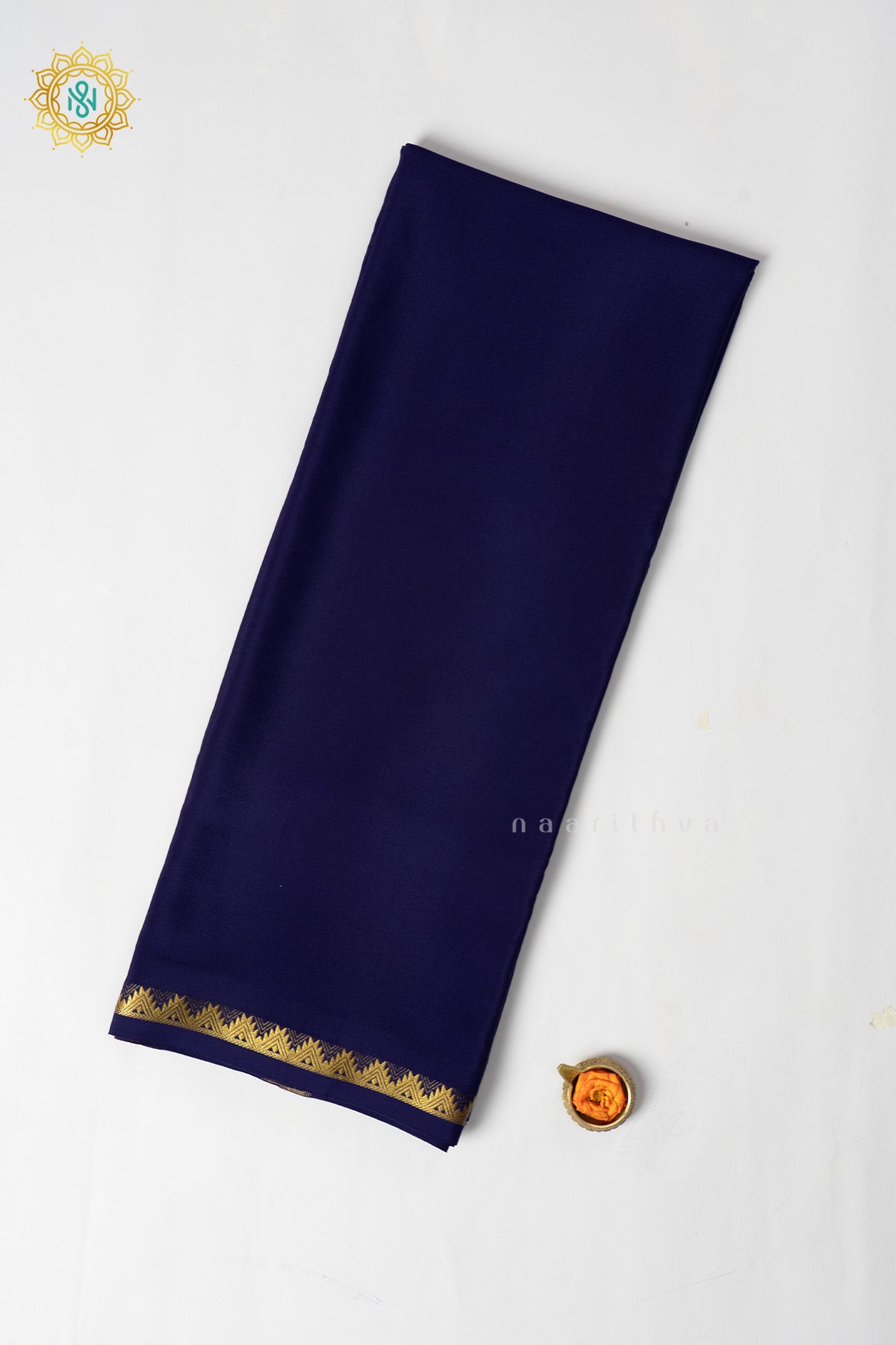 Navy Blue Pure Mysore Crepe Silk Plain Body and Zari Woven Butta Border