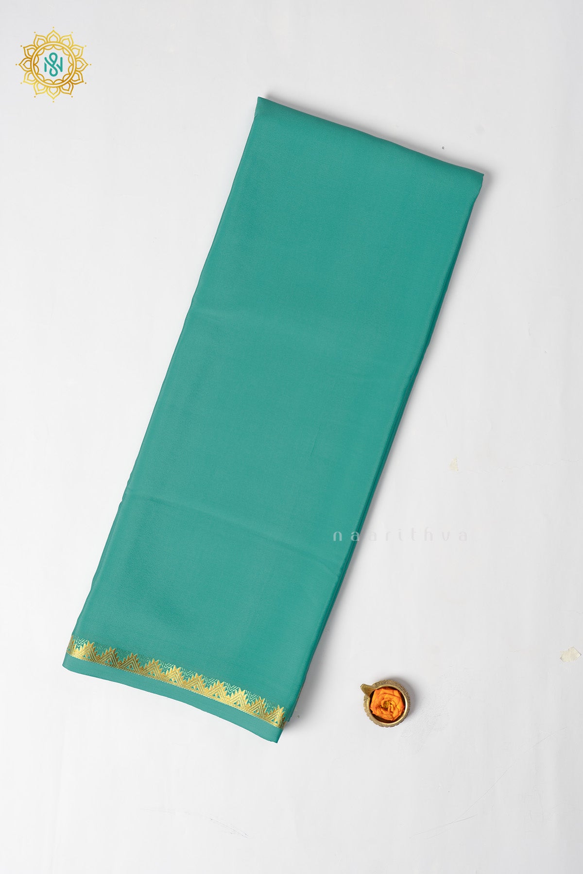 Aqua Blue Pure Mysore Crepe Silk Plain Body and Zari Woven Butta Border