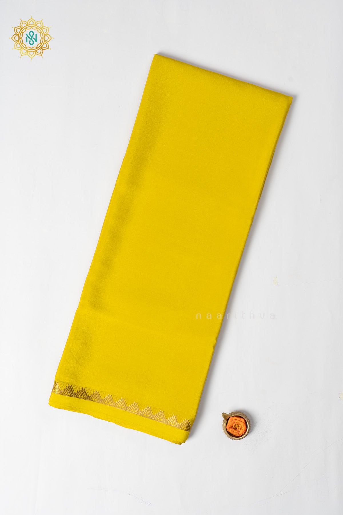 Lemon Yellow Pure Mysore Crepe Silk Plain Body and Zari Woven Butta Border