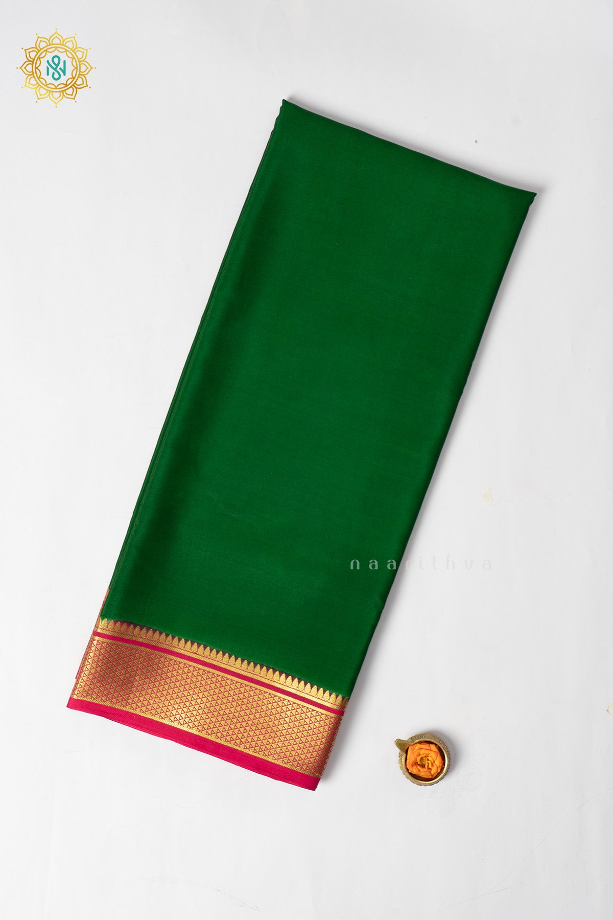 Bottle Green with Pink Pure Mysore Crepe Silk Saree with Plain Body and Contrast Zari Woven Border